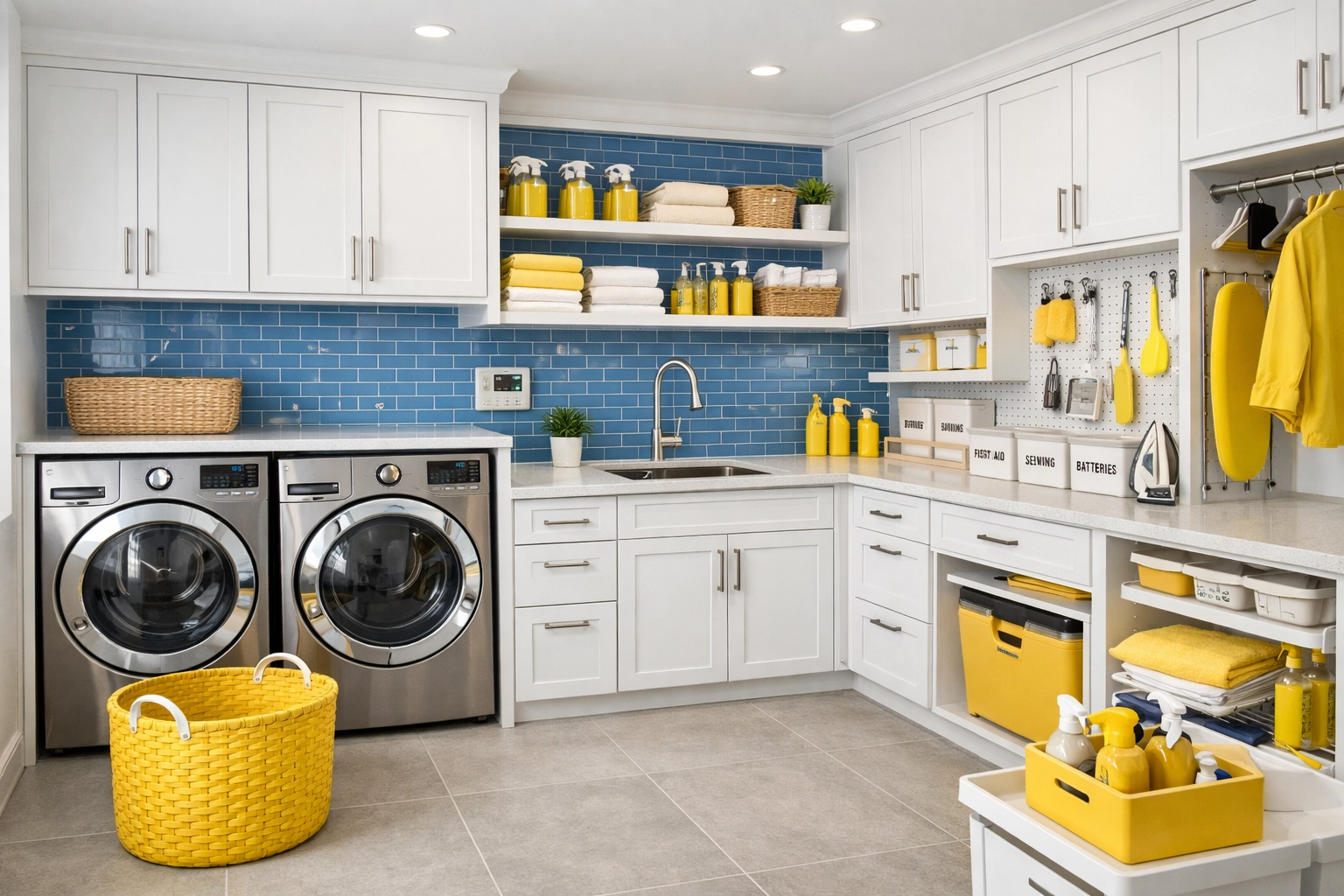 Pristine laundry room with white cabinetry showcasing organized deep cleaning MA maintenance results.