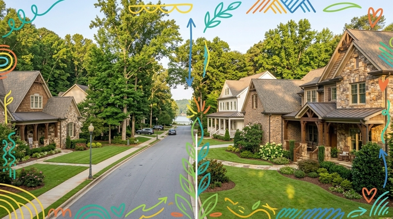 A professional lifestyle shot of a bright Acworth neighborhood street with traditional Craftsman homes and mature trees A professional lifestyle shot of a bright Acworth neighborhood street with traditional Craftsman homes and mature trees