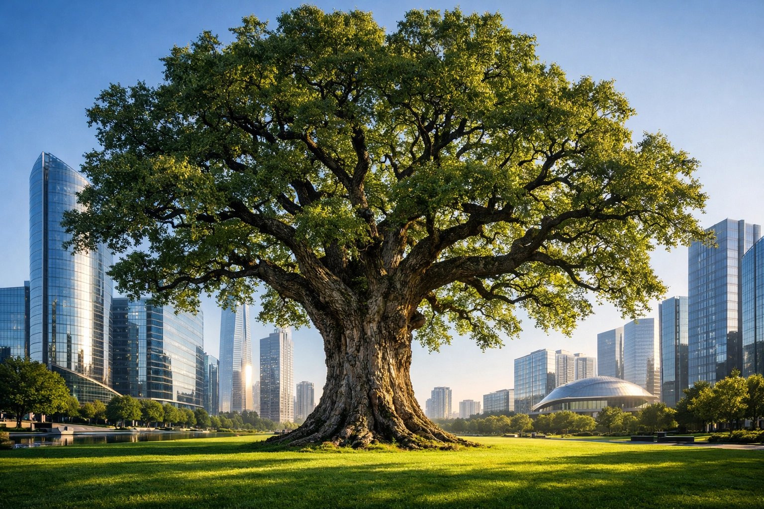 A sturdy oak tree in a modern city symbolizing long-term dividend growth and stable financial investing.