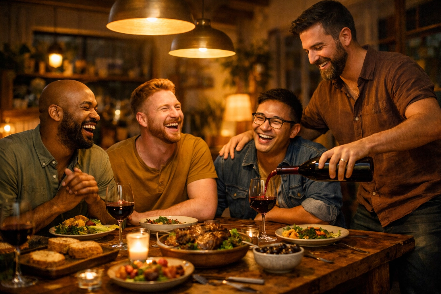 A group of queer friends laughing at a dinner party, illustrating the popular found family trope in gay fiction books.