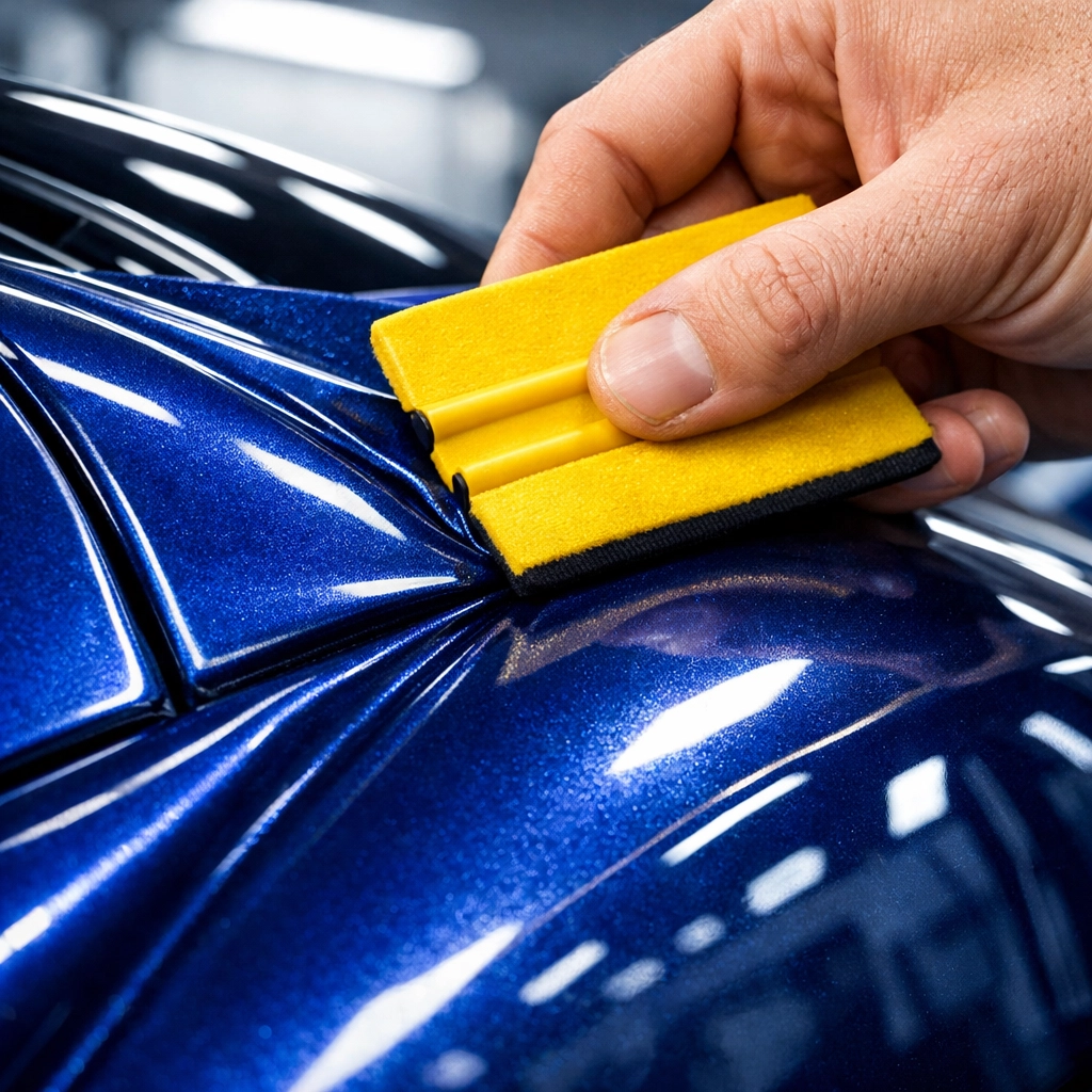 Professional installation of a custom vinyl car wrap on a vehicle for mobile advertising in the DFW area.