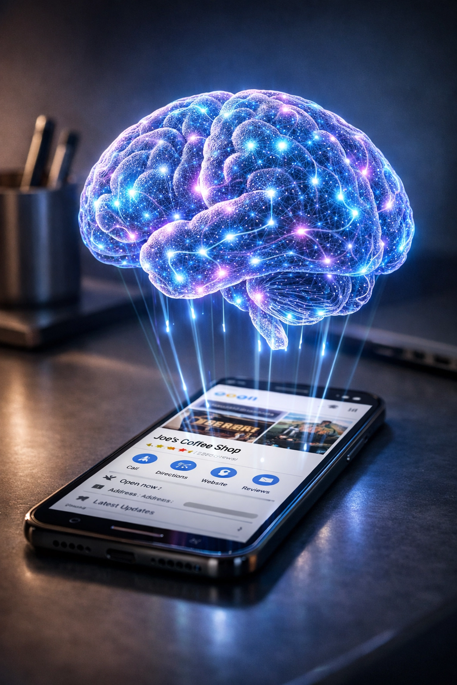 Google AI analyzing business profile data on smartphone