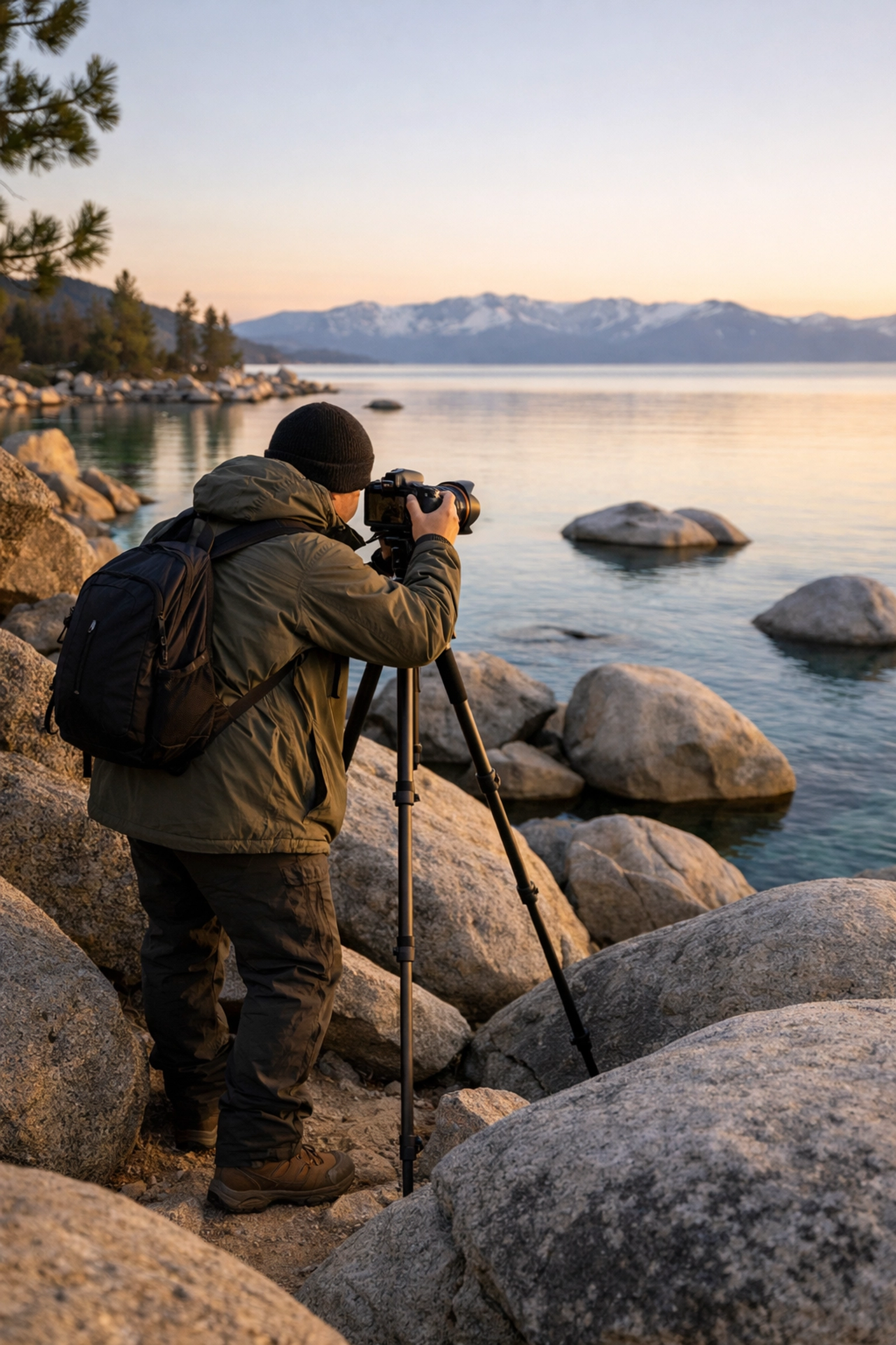 A photographer captures landscape photography at Sand Harbor using a tripod among Lake Tahoe's iconic granite boulders.