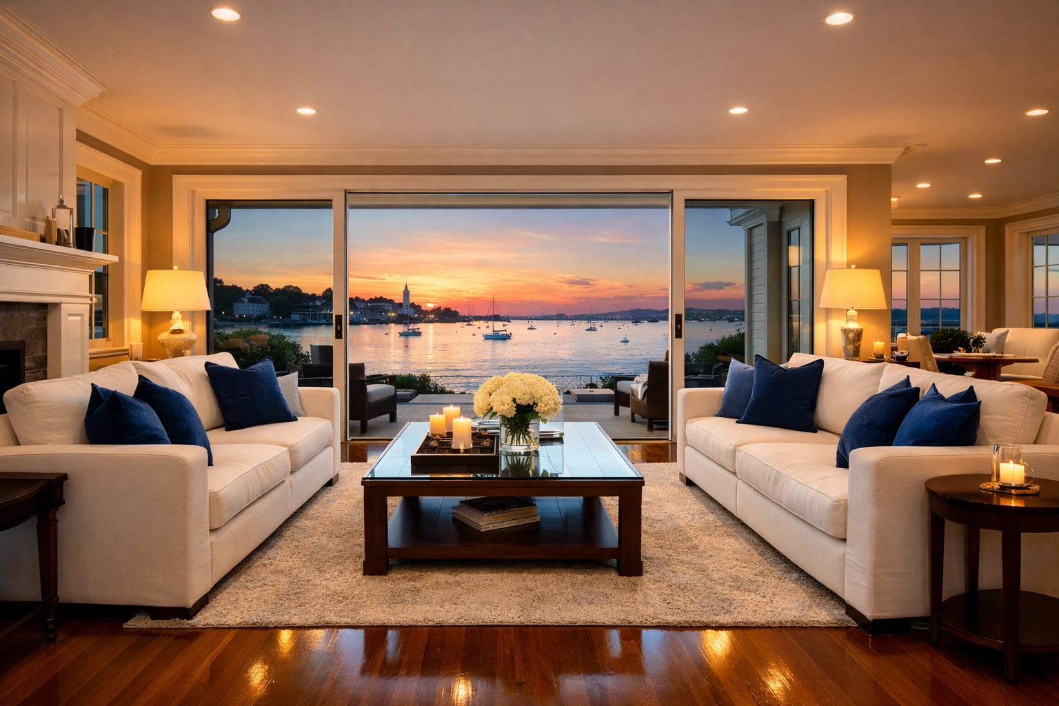 A perfectly staged Hingham living room with gleaming hardwood floors after a professional cleaning service.