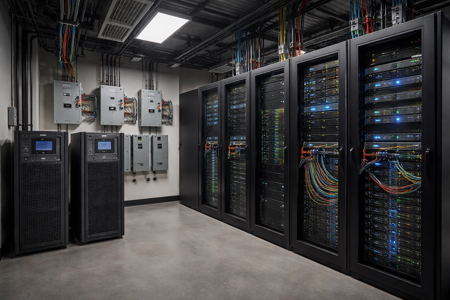 Esports facility server room displaying organized power supply units and electrical panels