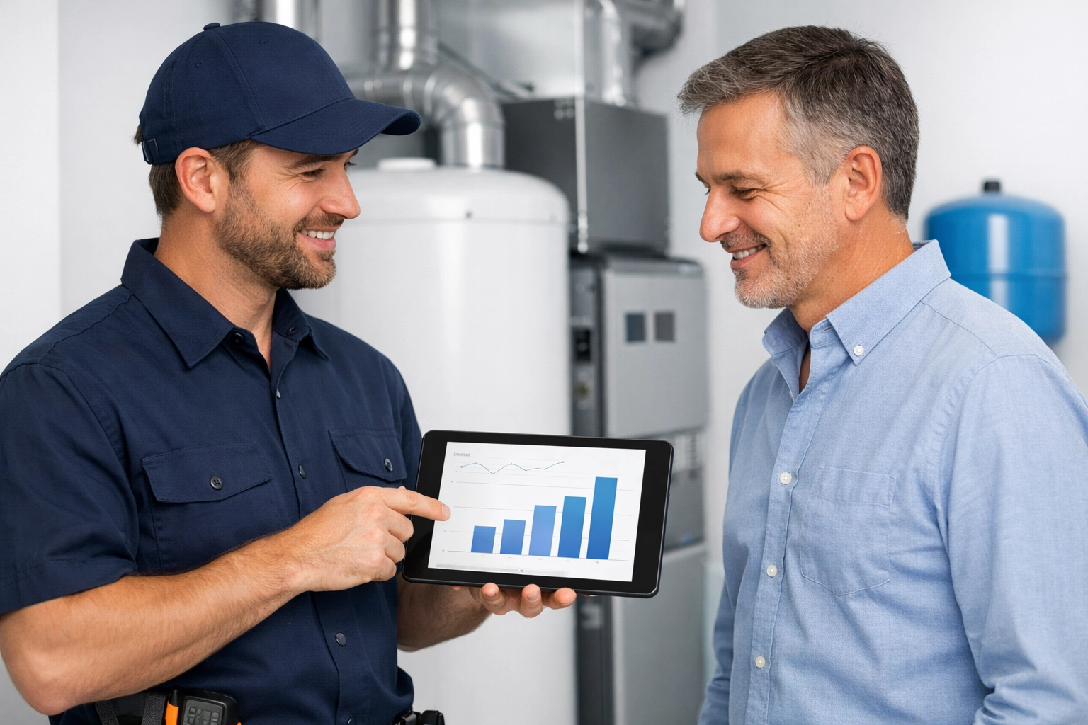 Honest HVAC repair technician showing a service estimate and system report to a homeowner.
