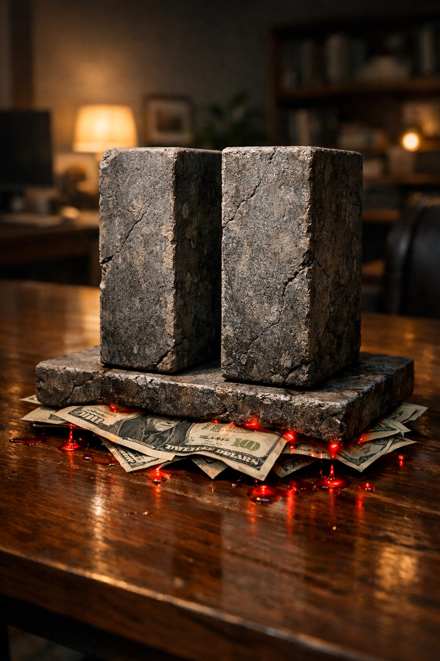A heavy stone pause symbol crushing cash on a table, illustrating the weight of high interest rates on household budgets.