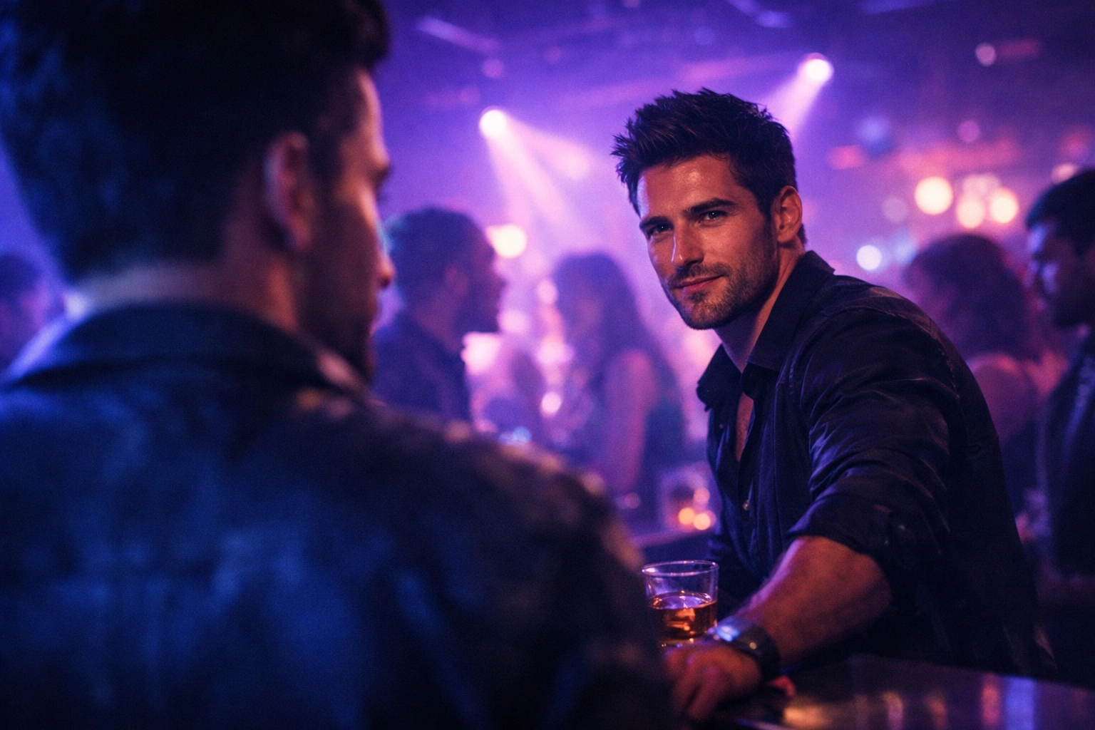 Two men exchanging charged glances across nightclub, building attraction and physical chemistry