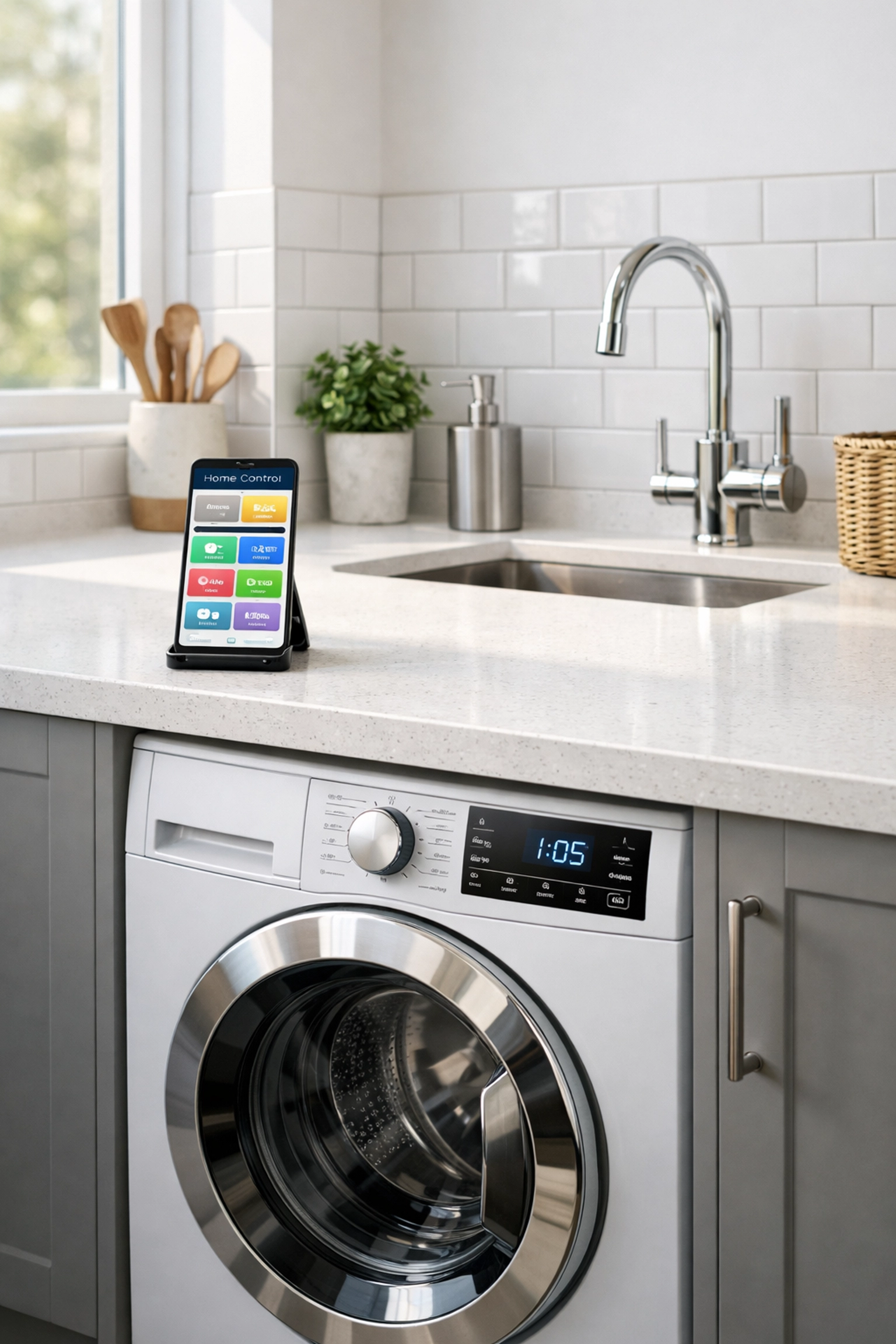 Smartphone app used to schedule smart kitchen appliances for off-peak energy savings.
