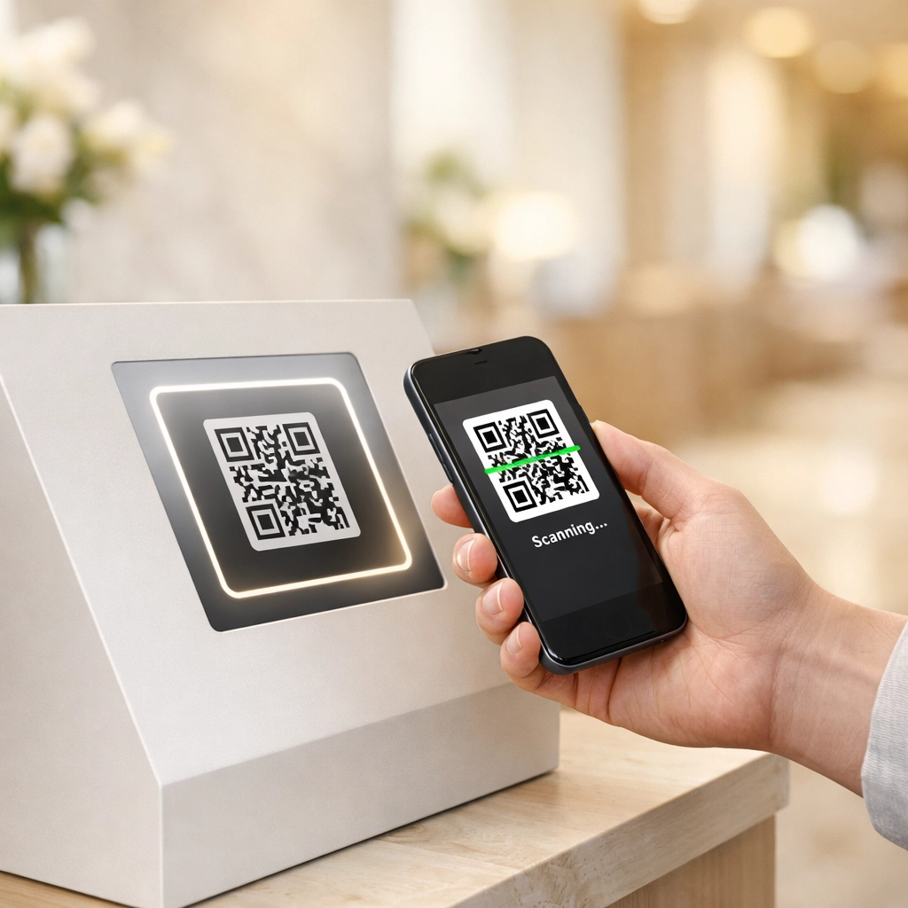 Hotel guest scanning a QR code at a self-check-in kiosk for instant hotel PMS registration.