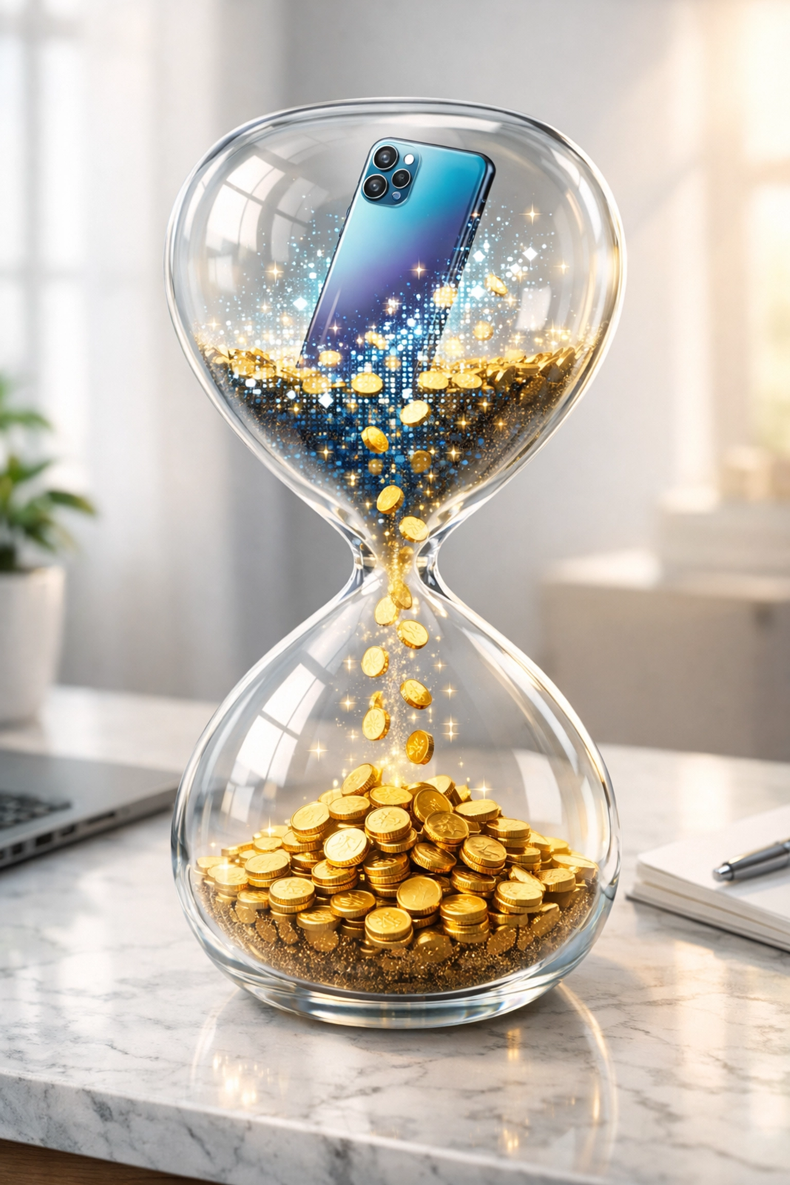Hourglass with a smartphone turning into coins, representing the best time to get cash for phones.