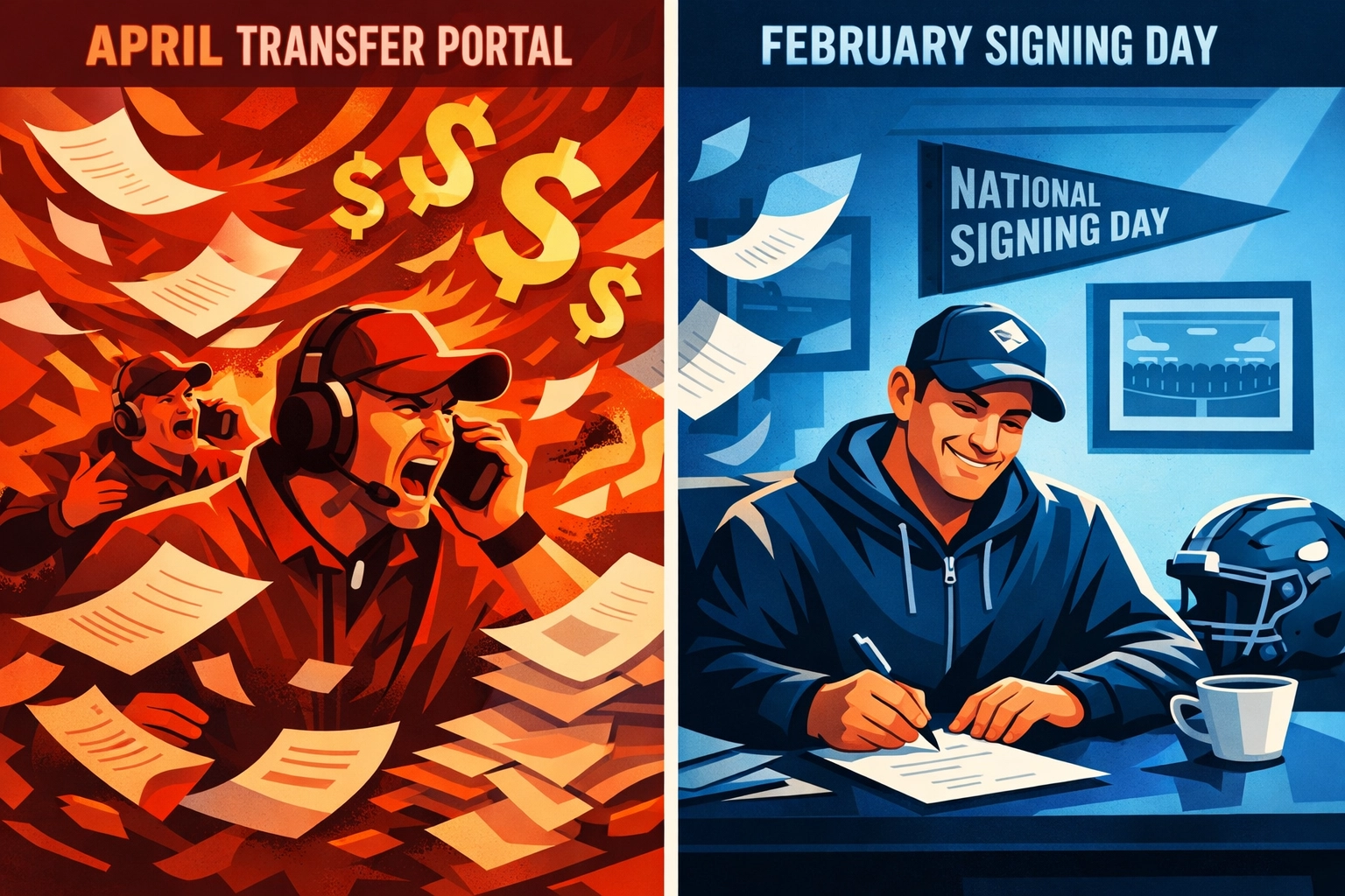 Transfer portal recruiting comparison showing February vs April signing chaos