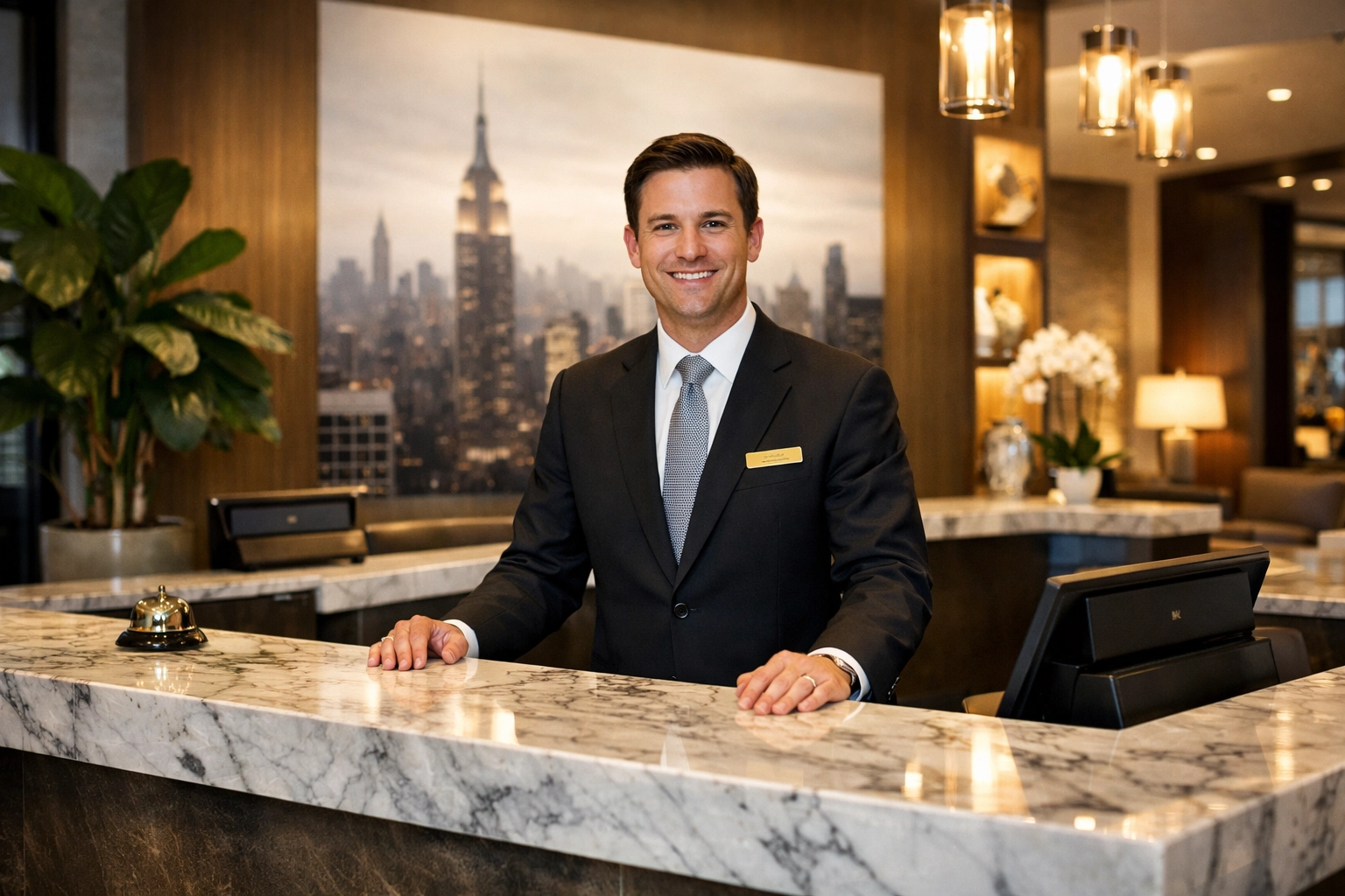 Hotel receptionist at a marble front desk with NYC skyline backdrop, representing transparent hotel pricing and customer service during NYC Hotel Week.