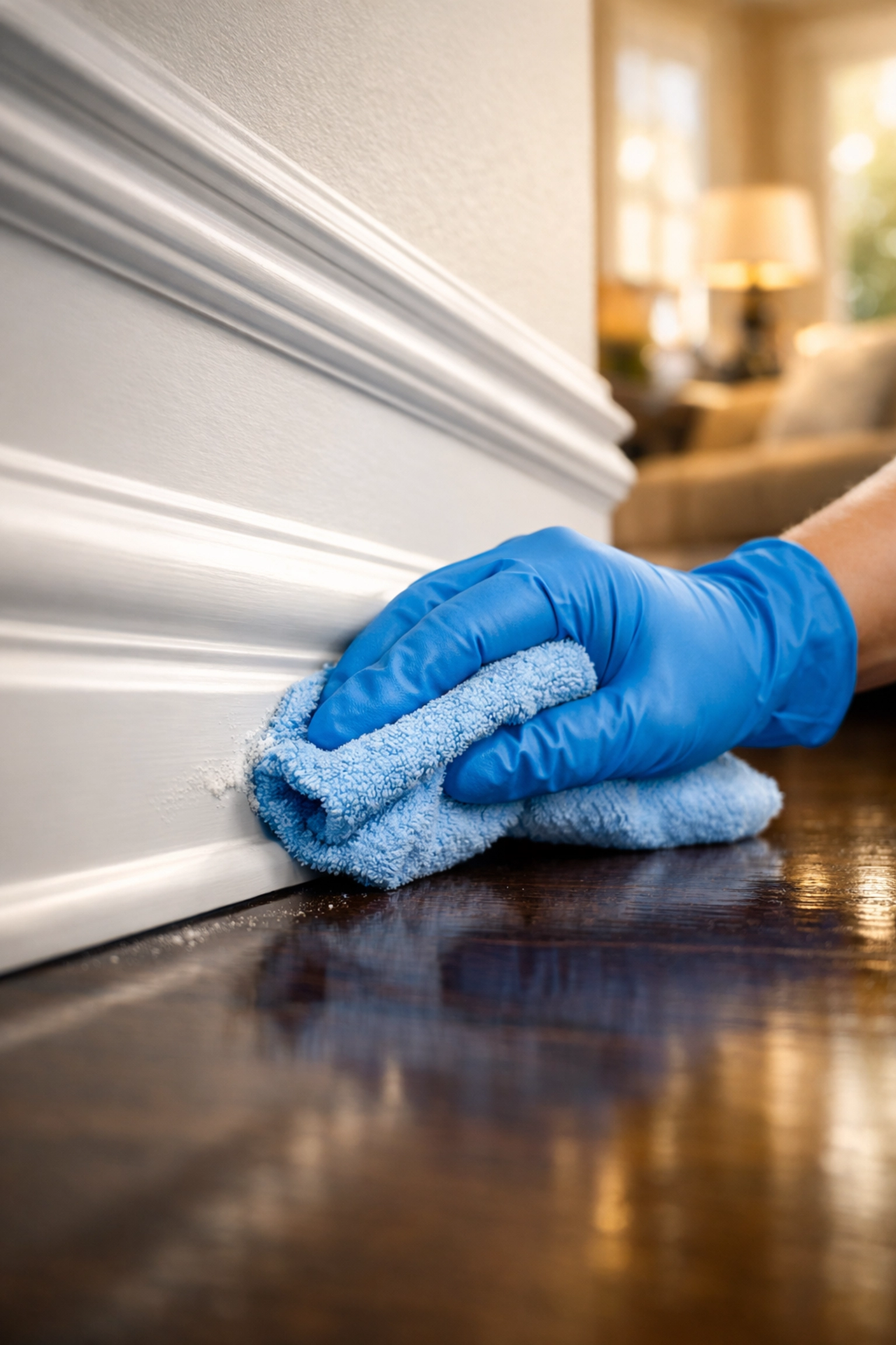 Professional hand wiping dust from white baseboards during a thorough deep cleaning Winchester house cleaning.