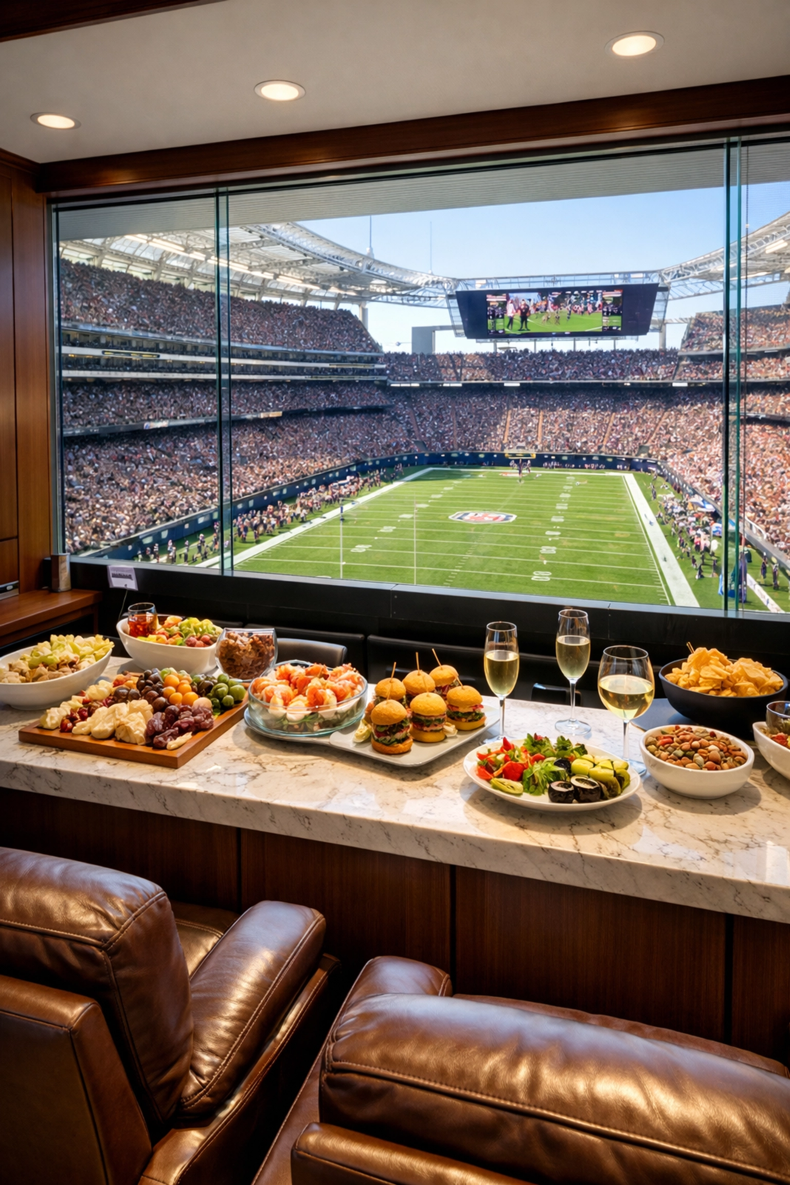 Exclusive VIP stadium suite view showcasing premium corporate hospitality and executive hosting services.