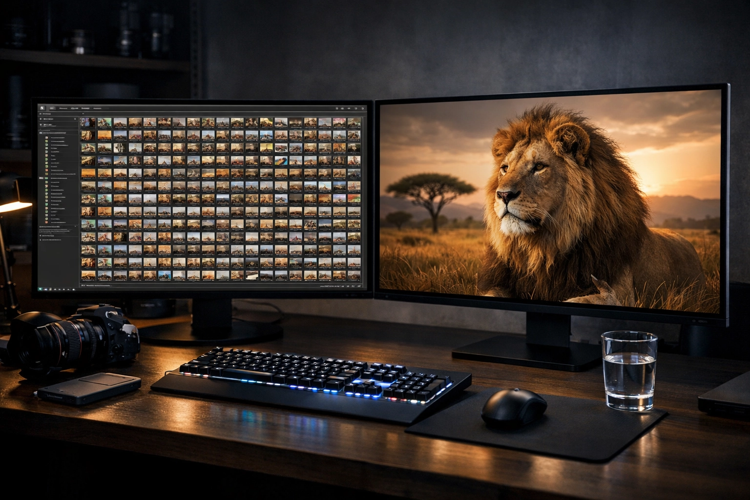 Dual monitors showing Lightroom-style photo catalog and a finished Serengeti lion edit in Luminar Neo