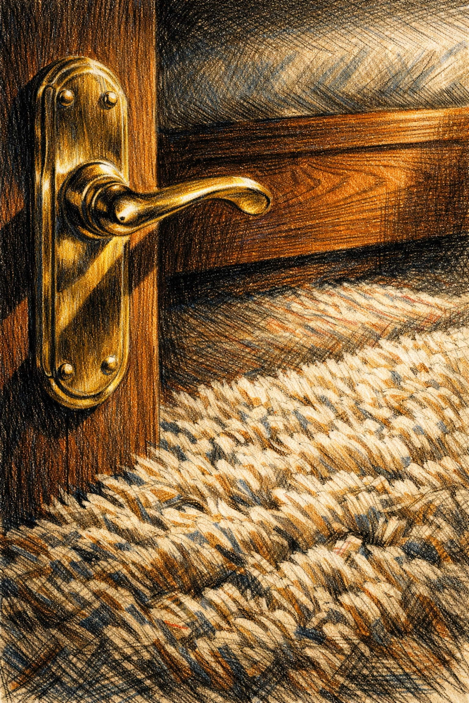 Close-up of durable hospitality-grade materials like wool carpet and brass fixtures in a hotel room.