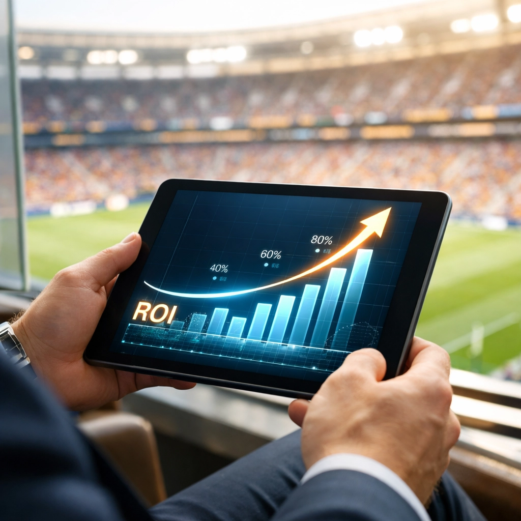 Executive tracking brand ROI and marketing analytics from a luxury stadium hospitality suite.