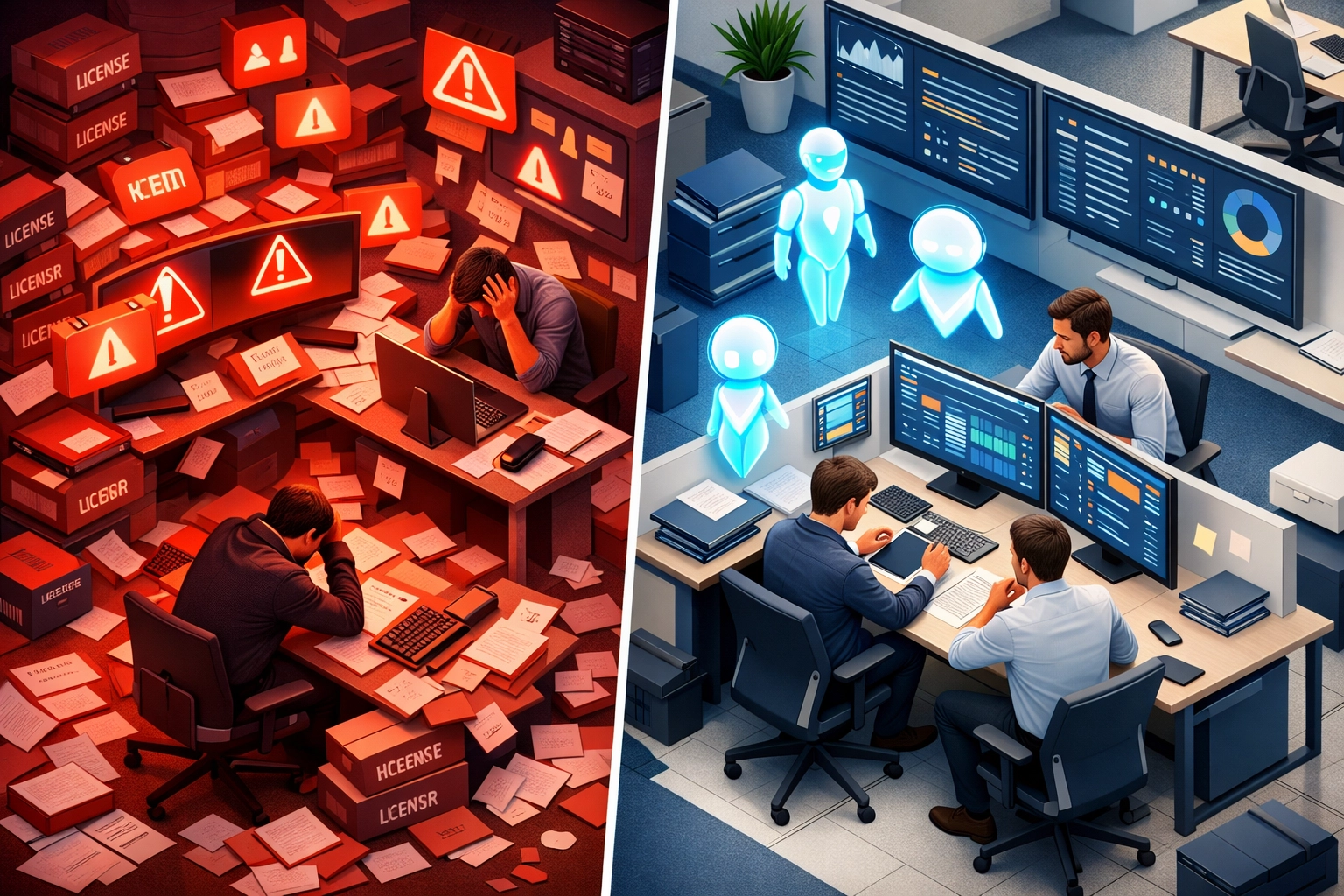 Before and after comparison showing AI-driven ServiceNow ITOM transformation reducing operational costs