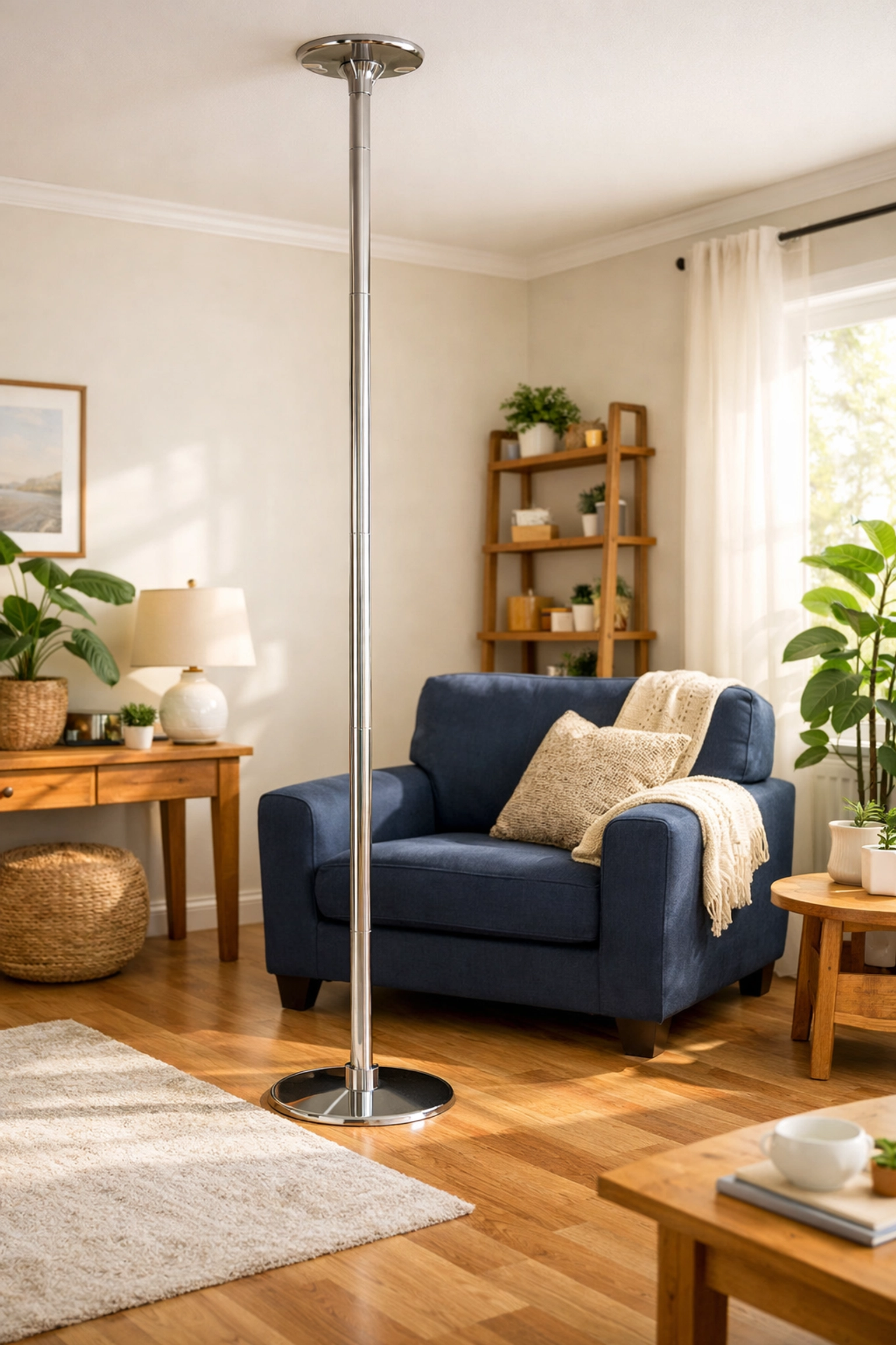 Contemporary floor-to-ceiling stability pole placed near a chair to help seniors stand safely.