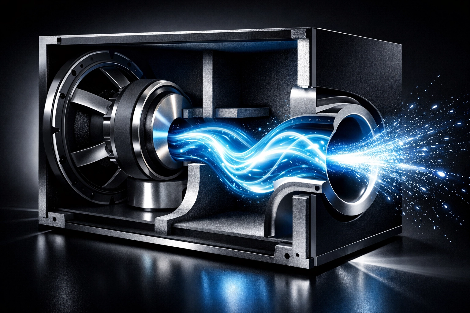 Ported subwoofer box cutaway showing internal tuning port and airflow design