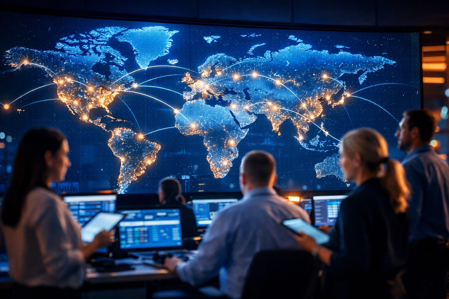 Logistics control center displaying live global shipment tracking with real-time visibility