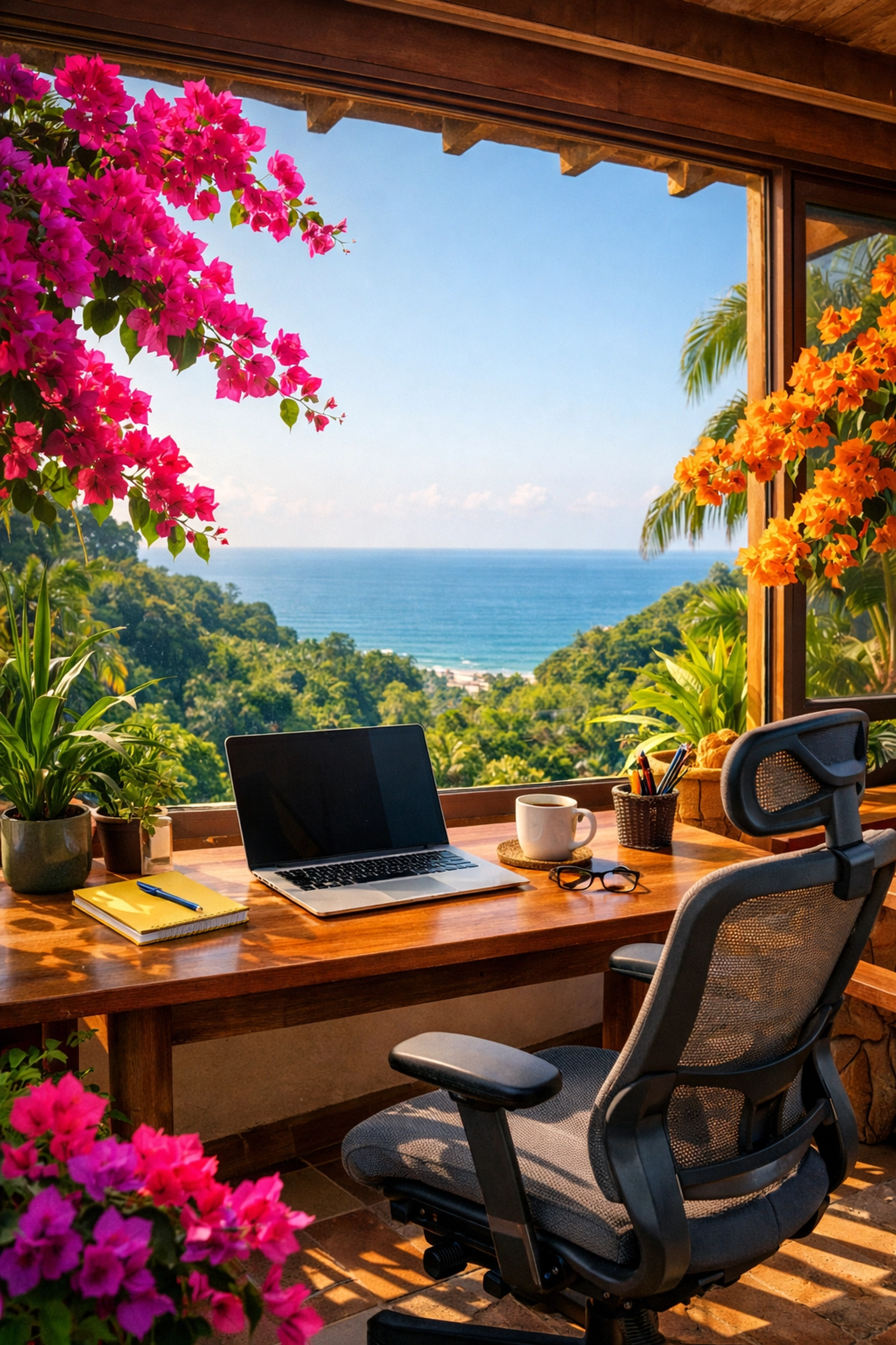 Digital nomad workspace on Amapas terrace with laptop and Pacific Ocean views Puerto Vallarta