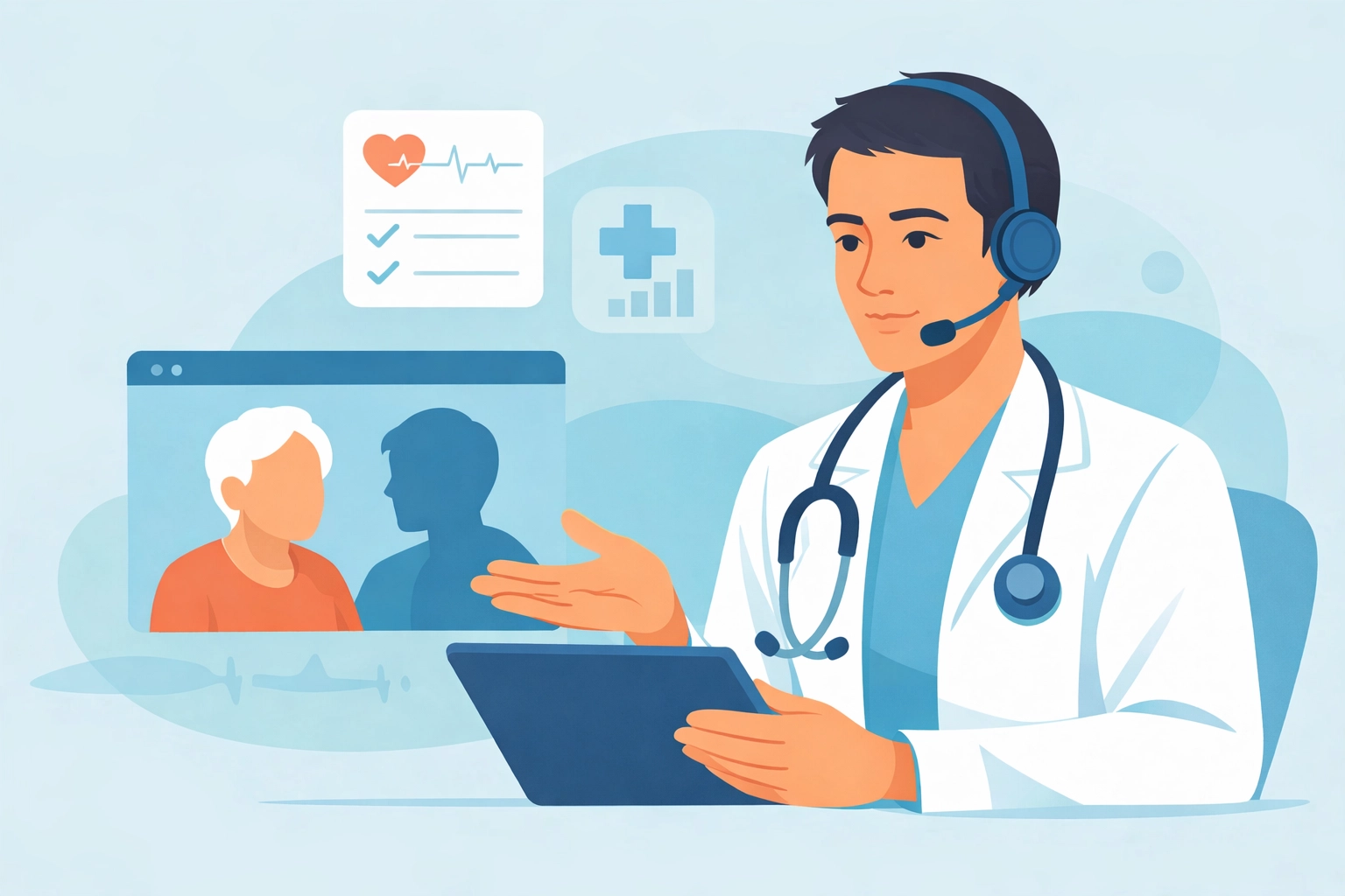 Hero illustration: a GP calmly triaging remotely, offering reassurance and clear decision-making