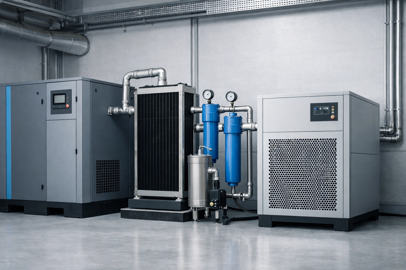 Industrial refrigerated air dryer and screw air compressor system for moisture control and dew point stability.