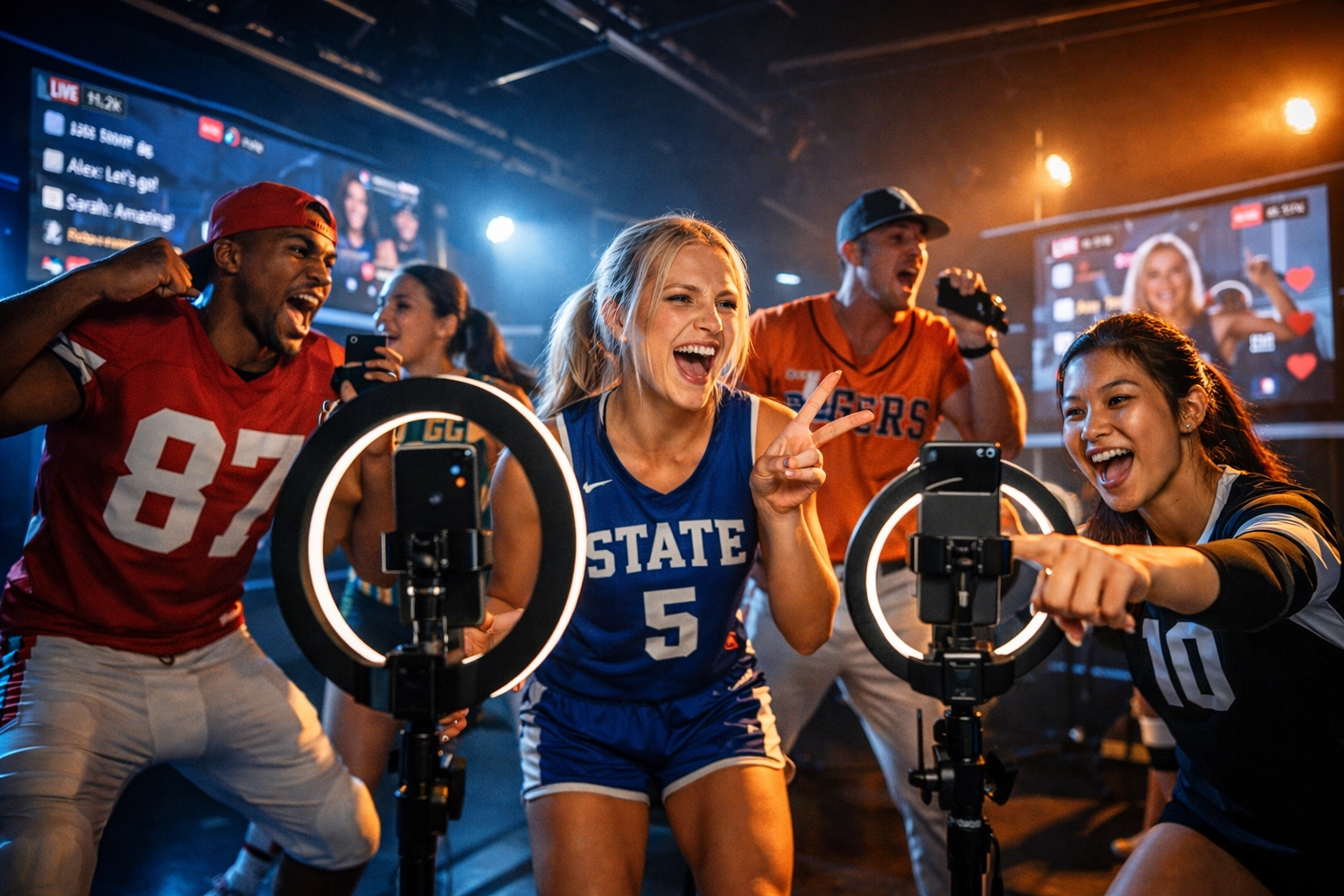 College athletes creating Super Bowl brand ambassador content in studio with smartphones and ring lights