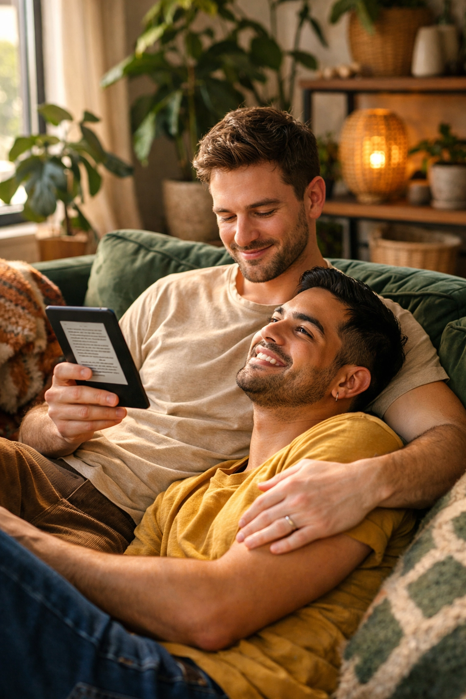 A happy gay couple relaxes on a sofa while reading an MM romance book on a digital e-reader.