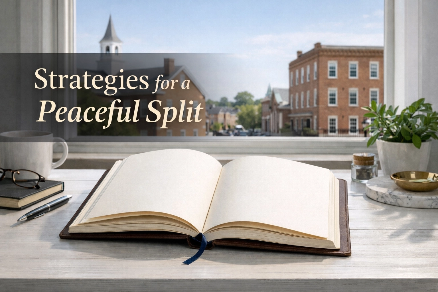 A beautiful journal being opened in bright modern daylight with a refined overlay reading Strategies for a Peaceful Split | ALT: Divorce lawyers in Fredericksburg VA and a new chapter in a visionary Fredericksburg setting