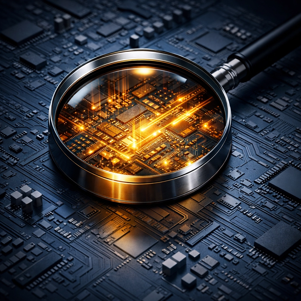 Magnifying glass over a glowing circuit board, showing expertise in affiliate marketing for bloggers.