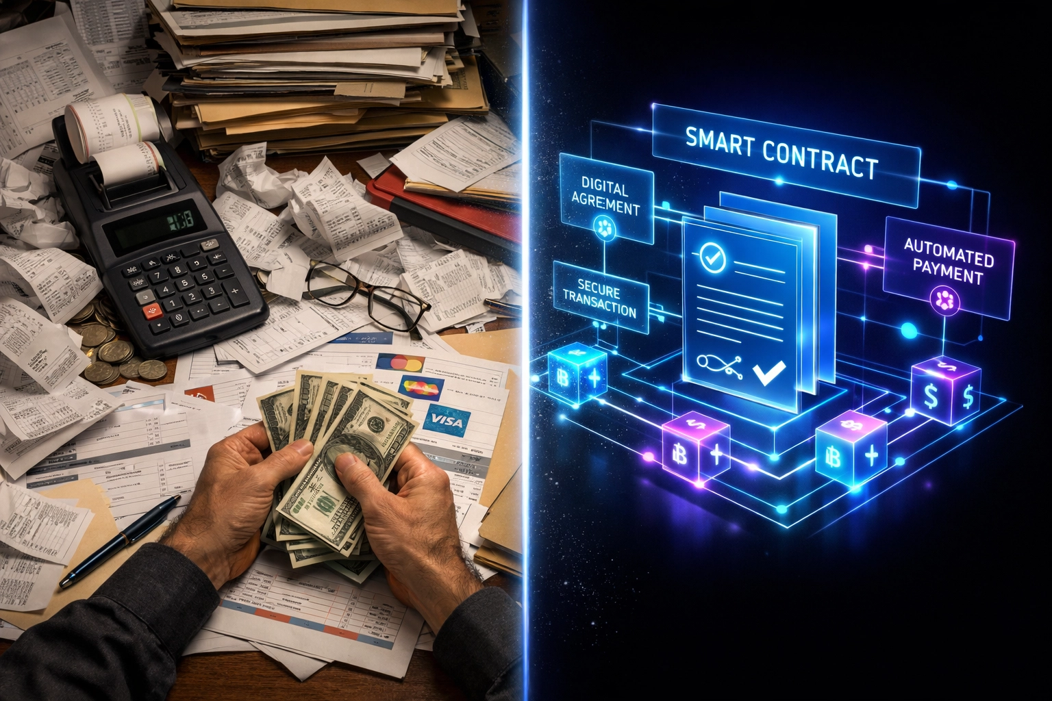 Traditional payment processing vs automated smart contract blockchain transactions comparison