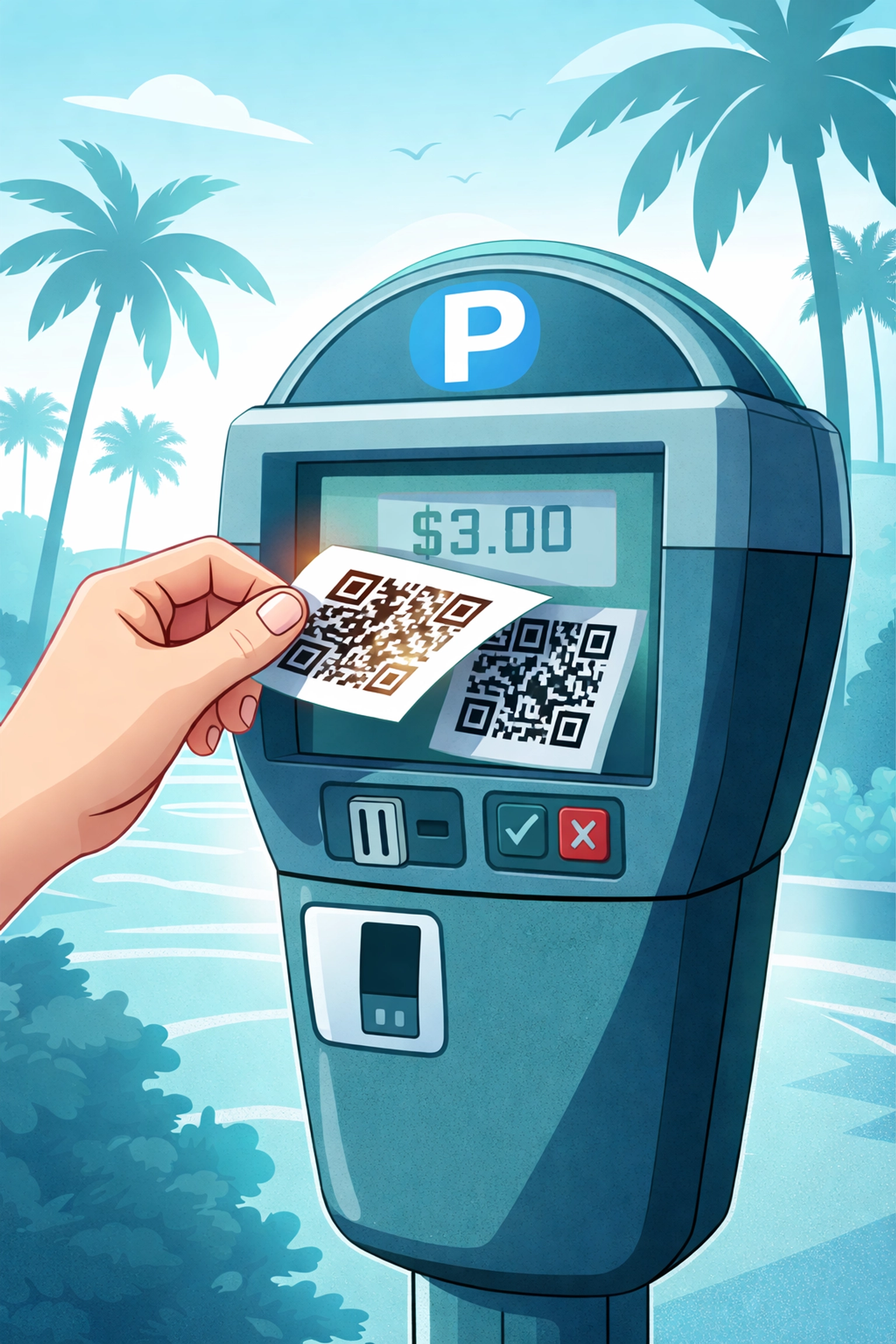 Hand peeling fake QR code sticker from parking meter in Sarasota, highlighting quishing scam warnings for local users