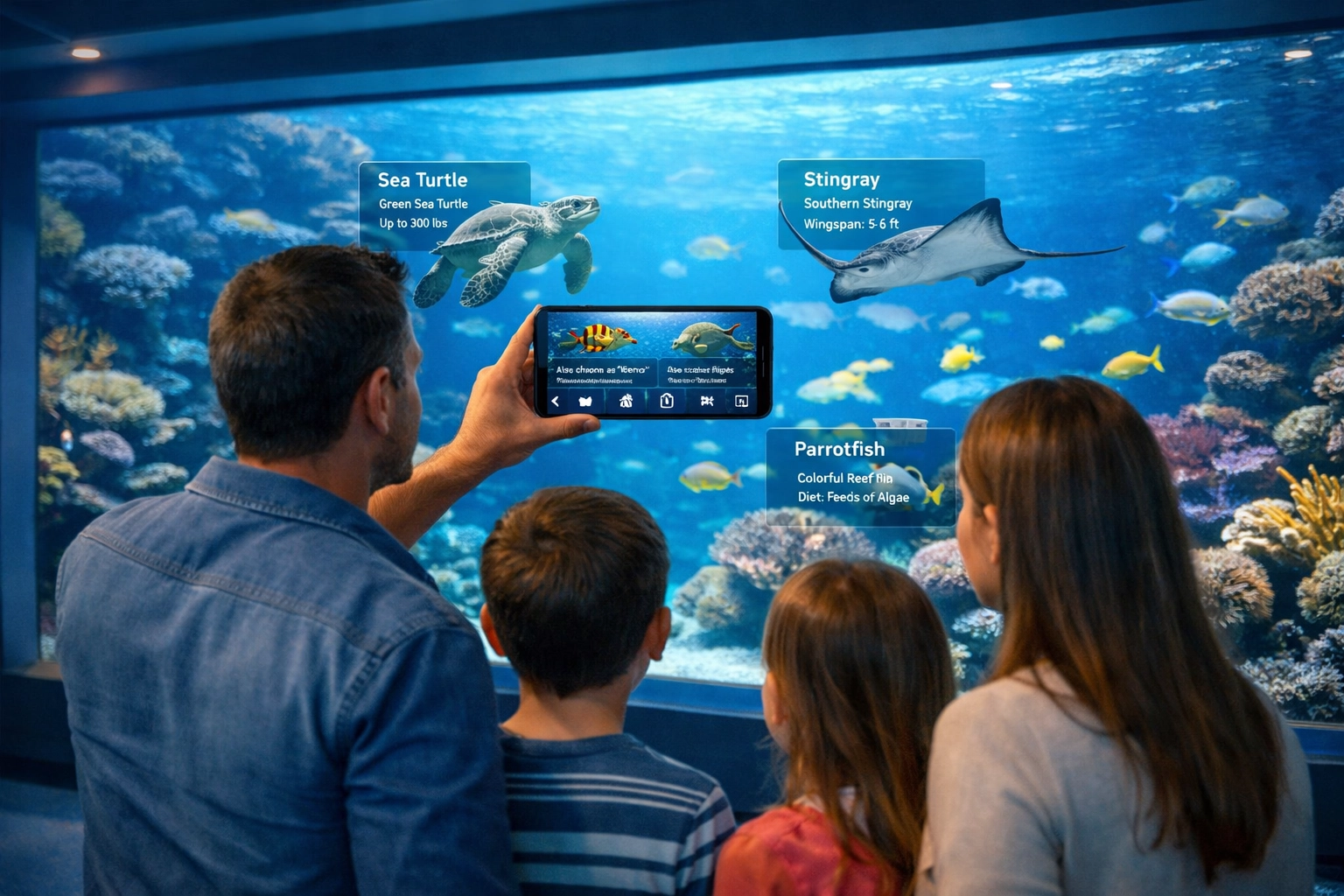 Family using mobile app technology at aquarium viewing window demonstrating smart venue integration