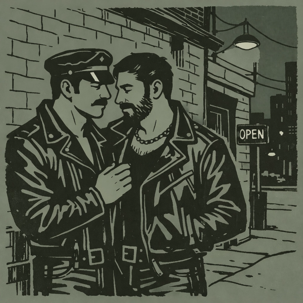 Two men in leather outside 1970s Meatpacking District gay club representing post-Stonewall liberation