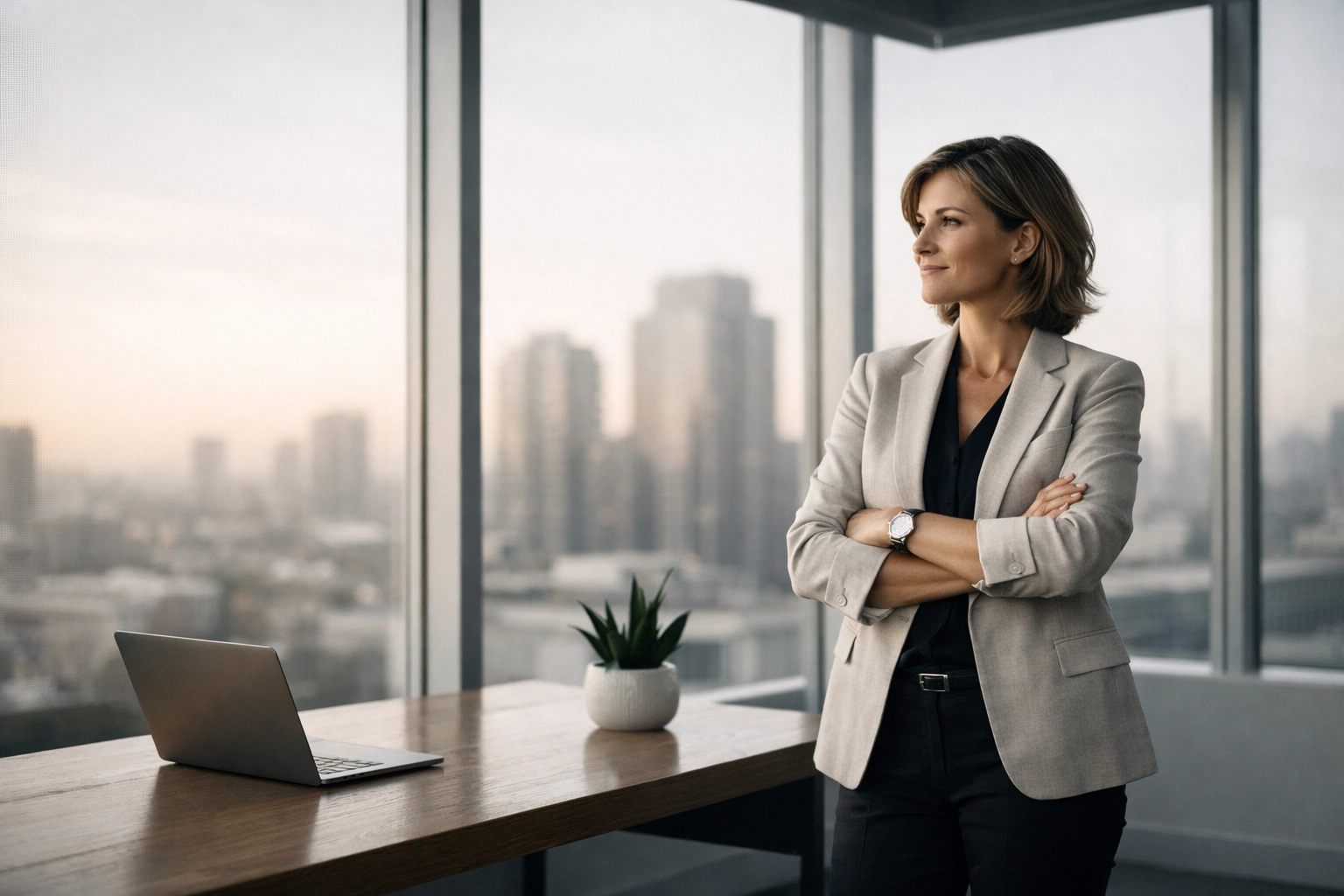 Successful business owner in a modern office representing the freedom of equity-free working capital loans.