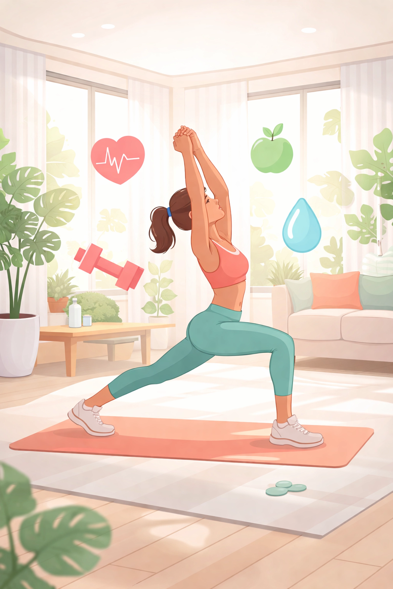 Person practicing yoga at home with health icons, representing health and fitness digital products to sell