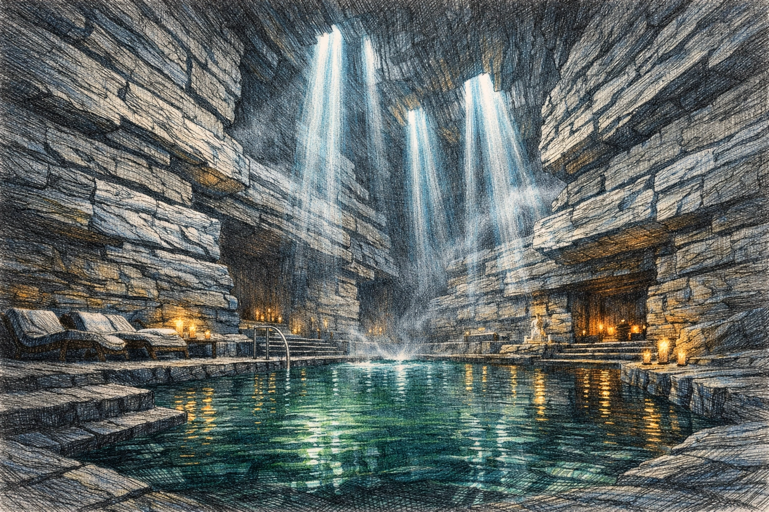 Stone walls and natural light in a luxury spa, showcasing sustainable hotel architecture.