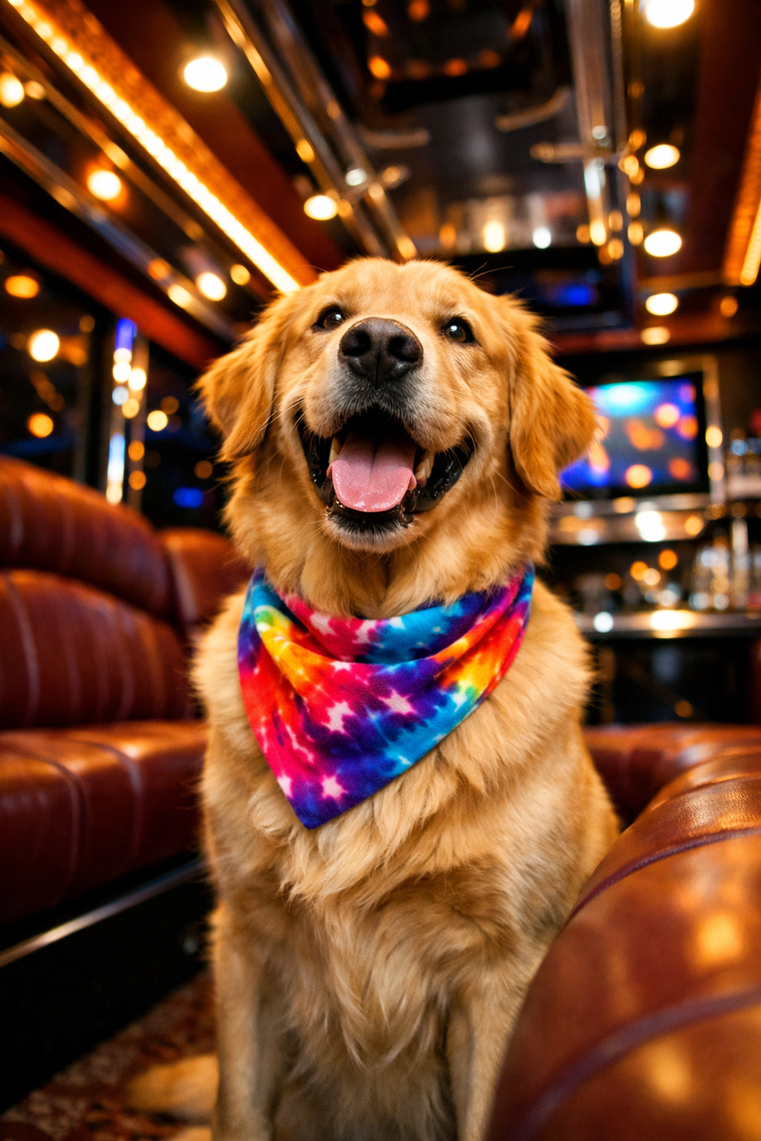 Happy dog enjoying luxury party bus interior in Pittsburgh