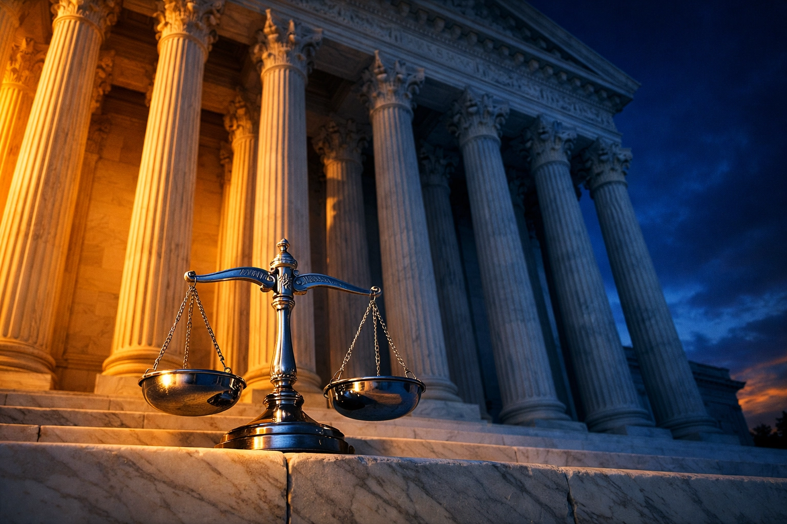 Supreme Court building columns with scales of justice symbolizing tariff ruling authority