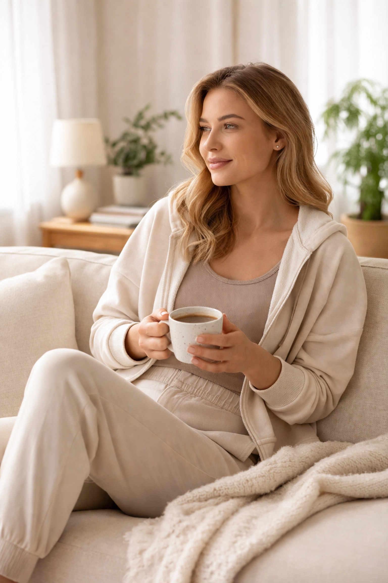 Woman relaxing on sofa with tea, highlighting a calm recovery process after breast implant surgery in Houston