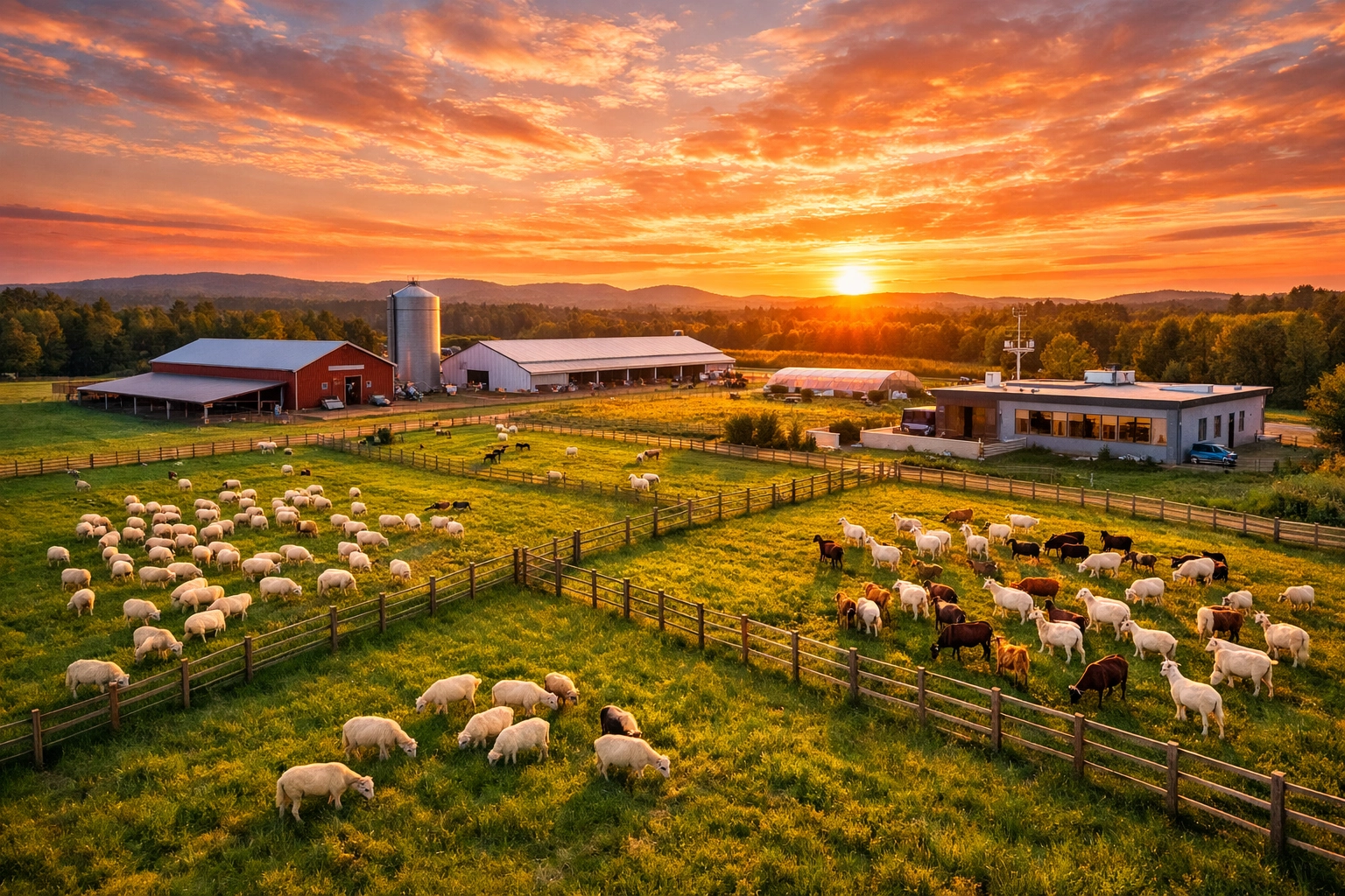 Aerial view of sheep and goat farm with grazing animals and modern breeding facilities at sunset