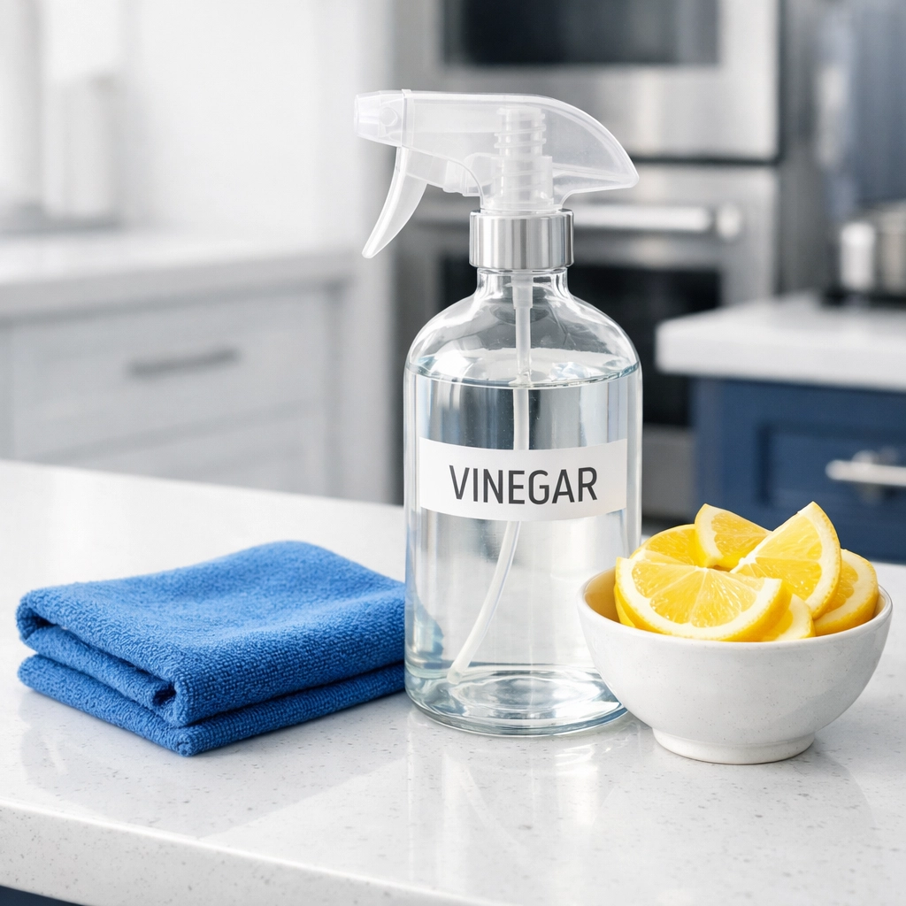 Eco-friendly vinegar cleaning spray and microfiber cloth on a white quartz kitchen counter.