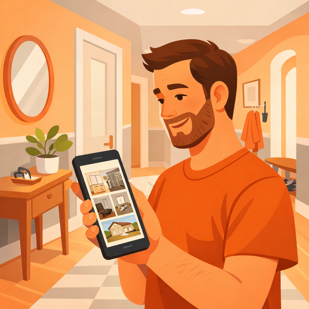 Happy homeowner viewing a professional contractor job photo timeline shared via a simple mobile link.