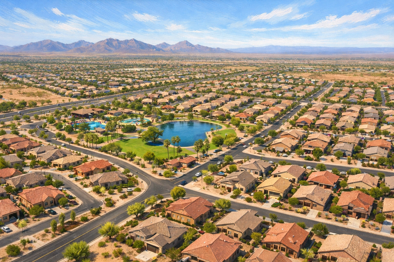 Aerial view of an Arizona neighborhood showing contemporary homes and community layout