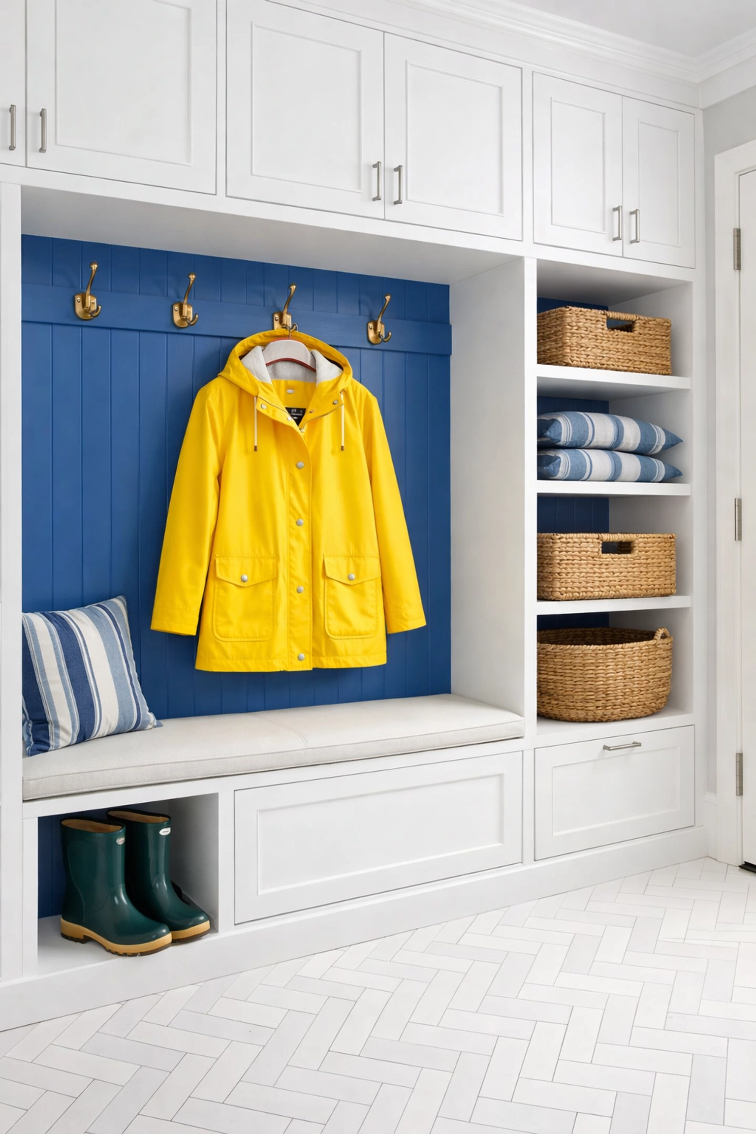 Organized mudroom with clean tile floors ready for a house cleaning Boston MA appointment.