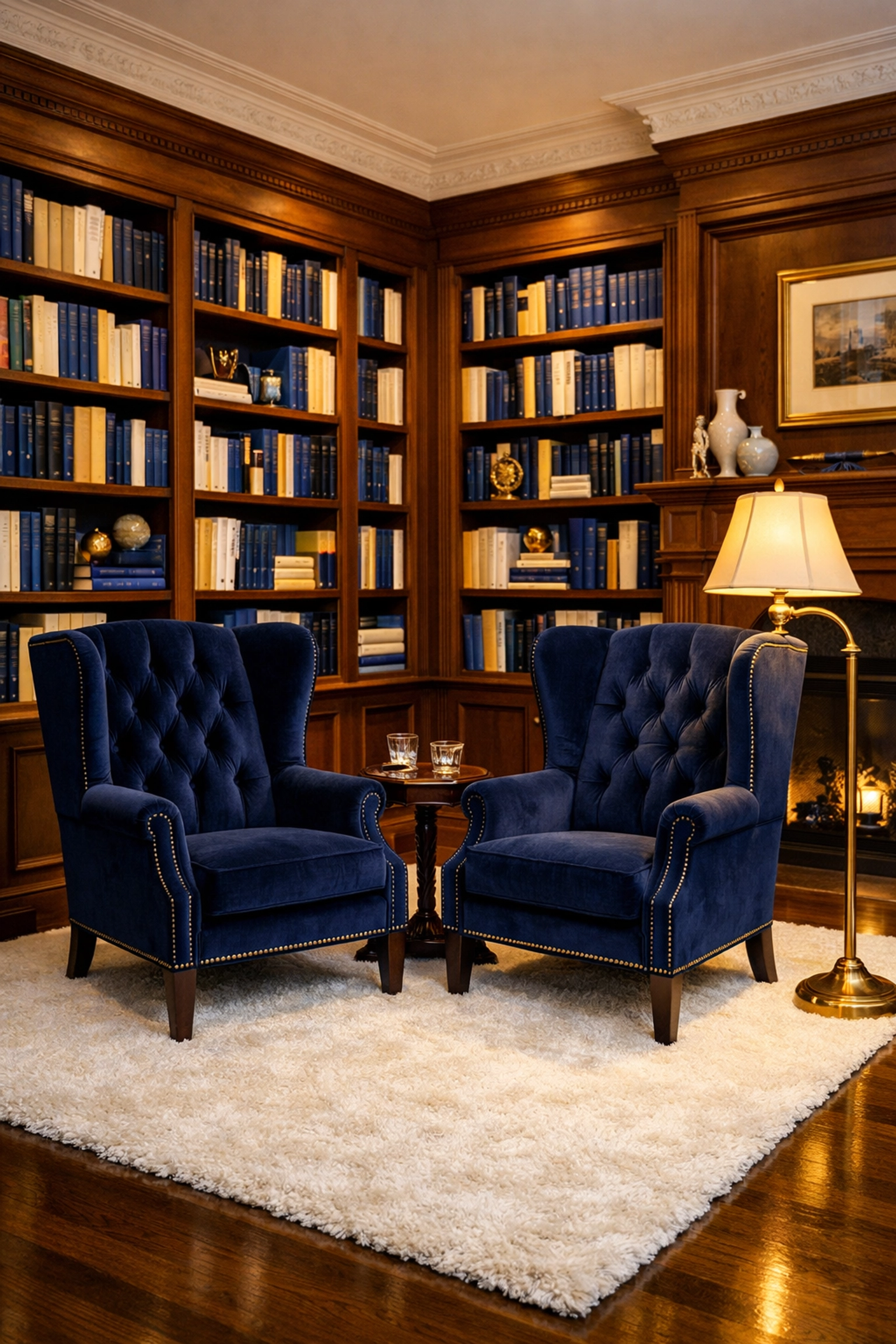 Perfectly dusted wood library in a large estate highlighting detailed luxury house cleaning in Weston MA.