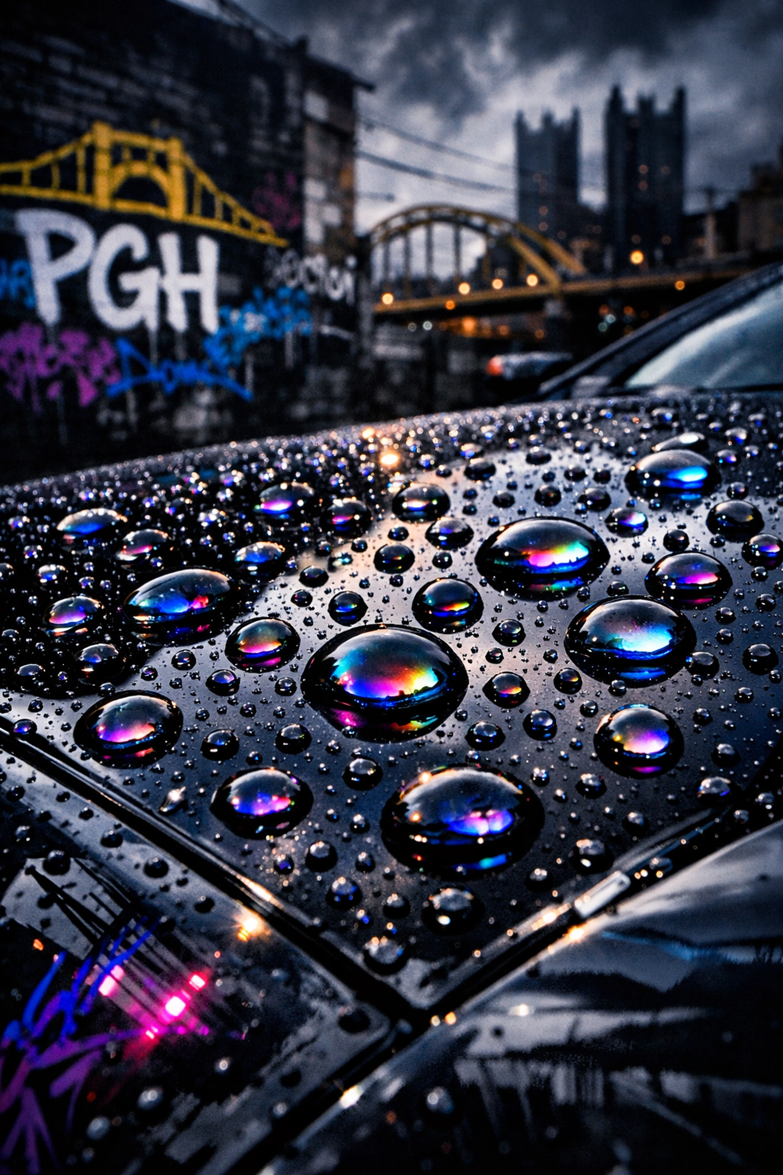 Water beading on ceramic coated car hood showing hydrophobic protection